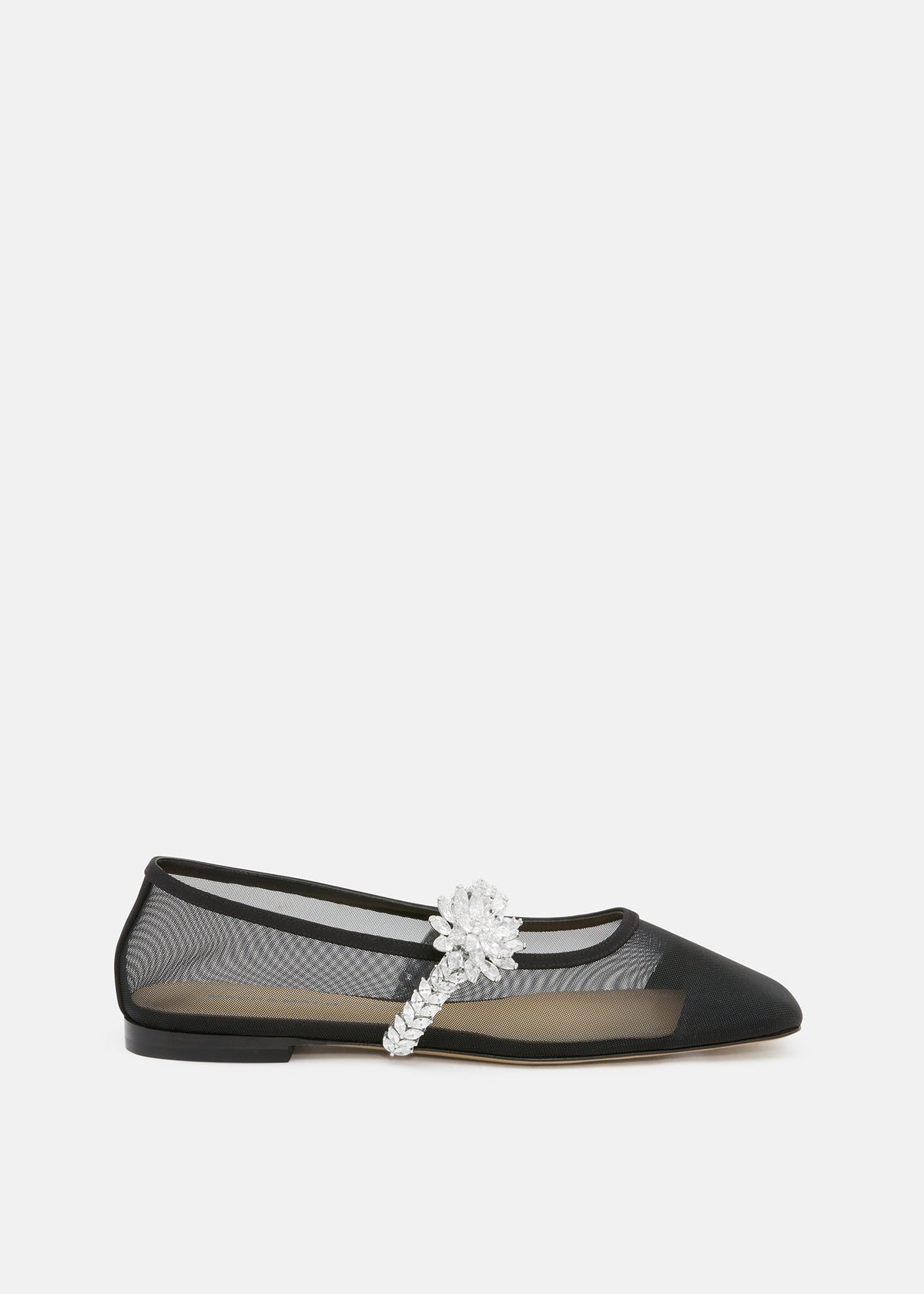 Estelle Black Lotus Flower Flats – front three-quarter view showing lotus flower, crystal, mesh, black, Vowalisse