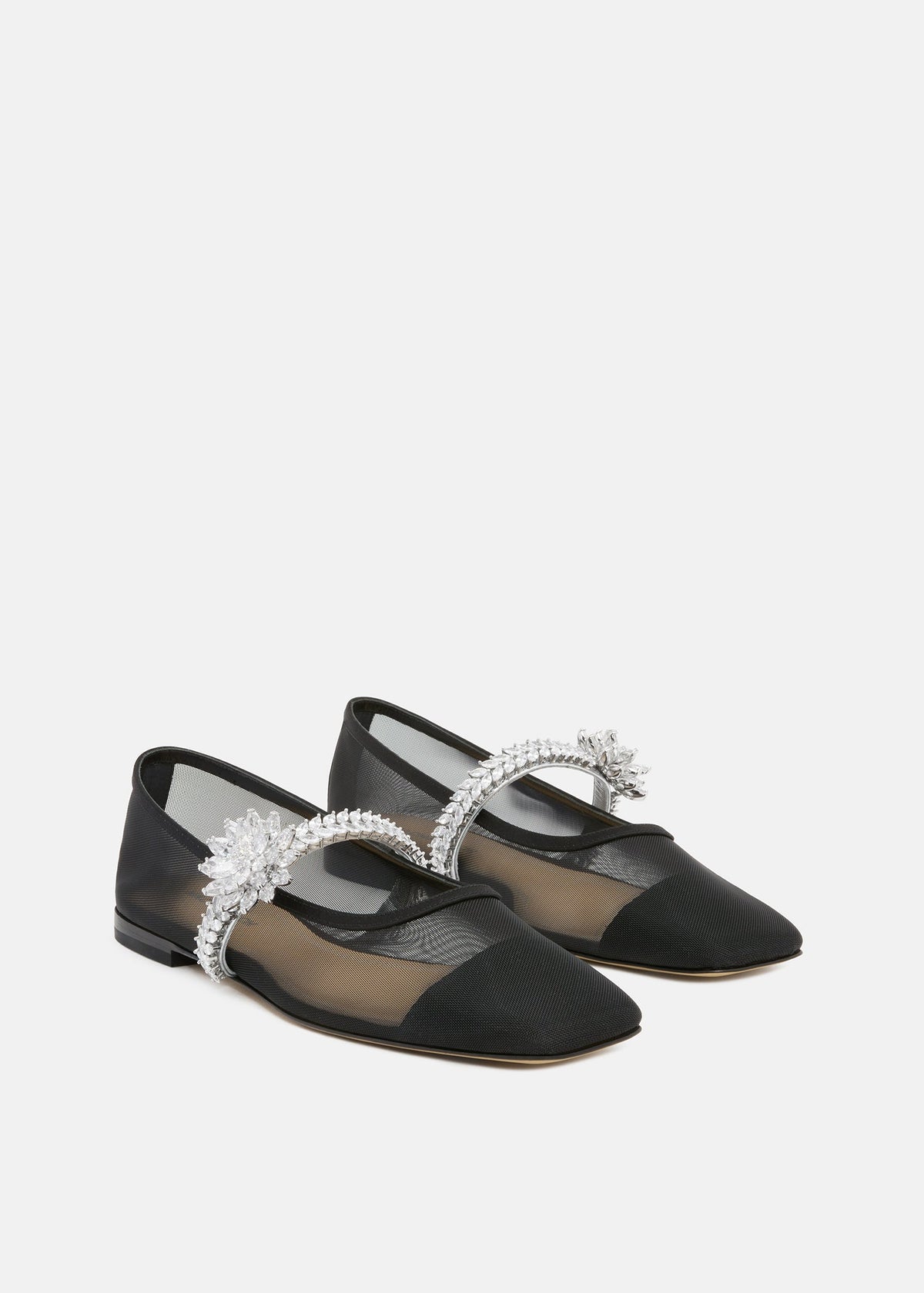 Estelle Black Lotus Flower Flats – side profile showing lotus flower, crystal, mesh, black, Vowalisse