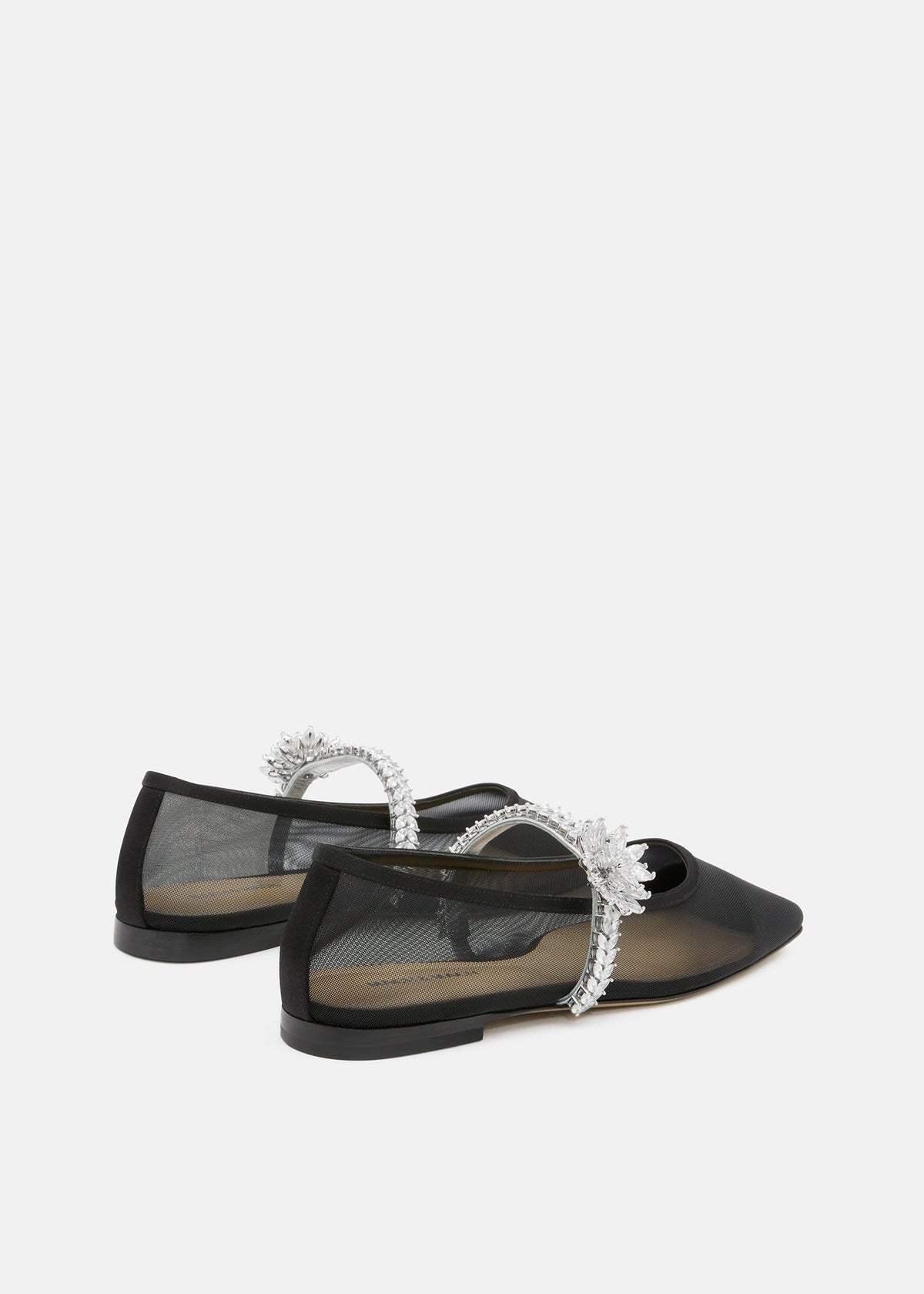 Estelle Black Lotus Flower Flats – heel view showing lotus flower, crystal, mesh, black, Vowalisse