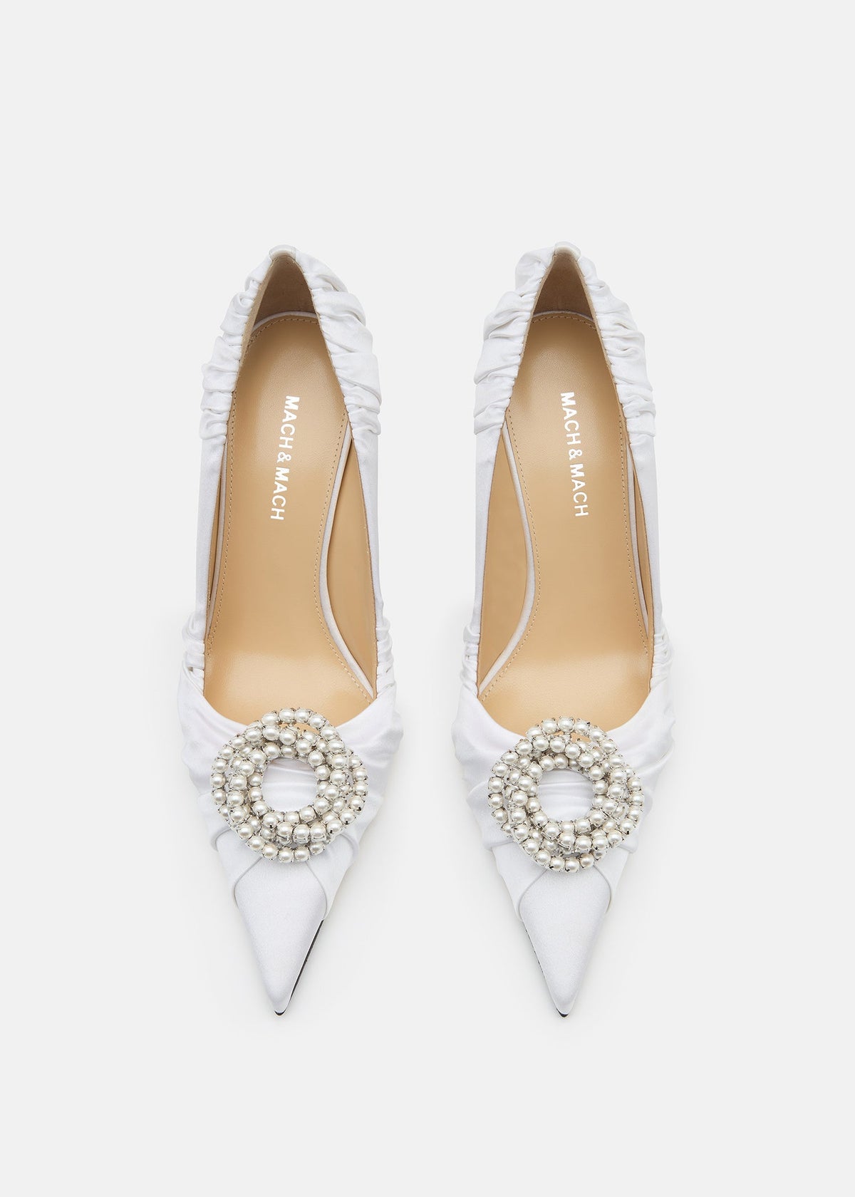 Annabelle White Crystal Pumps – crystal detail view showing crystal, satin, white, Vowalisse