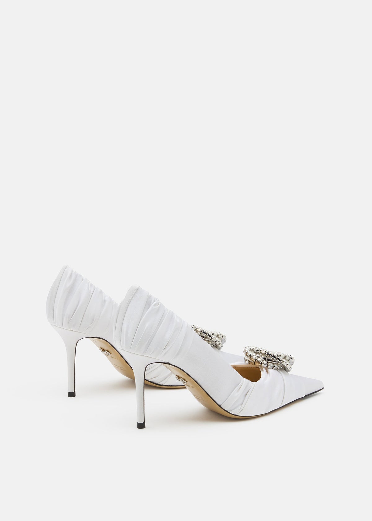Annabelle White Crystal Pumps – heel view showing crystal, satin, white, Vowalisse