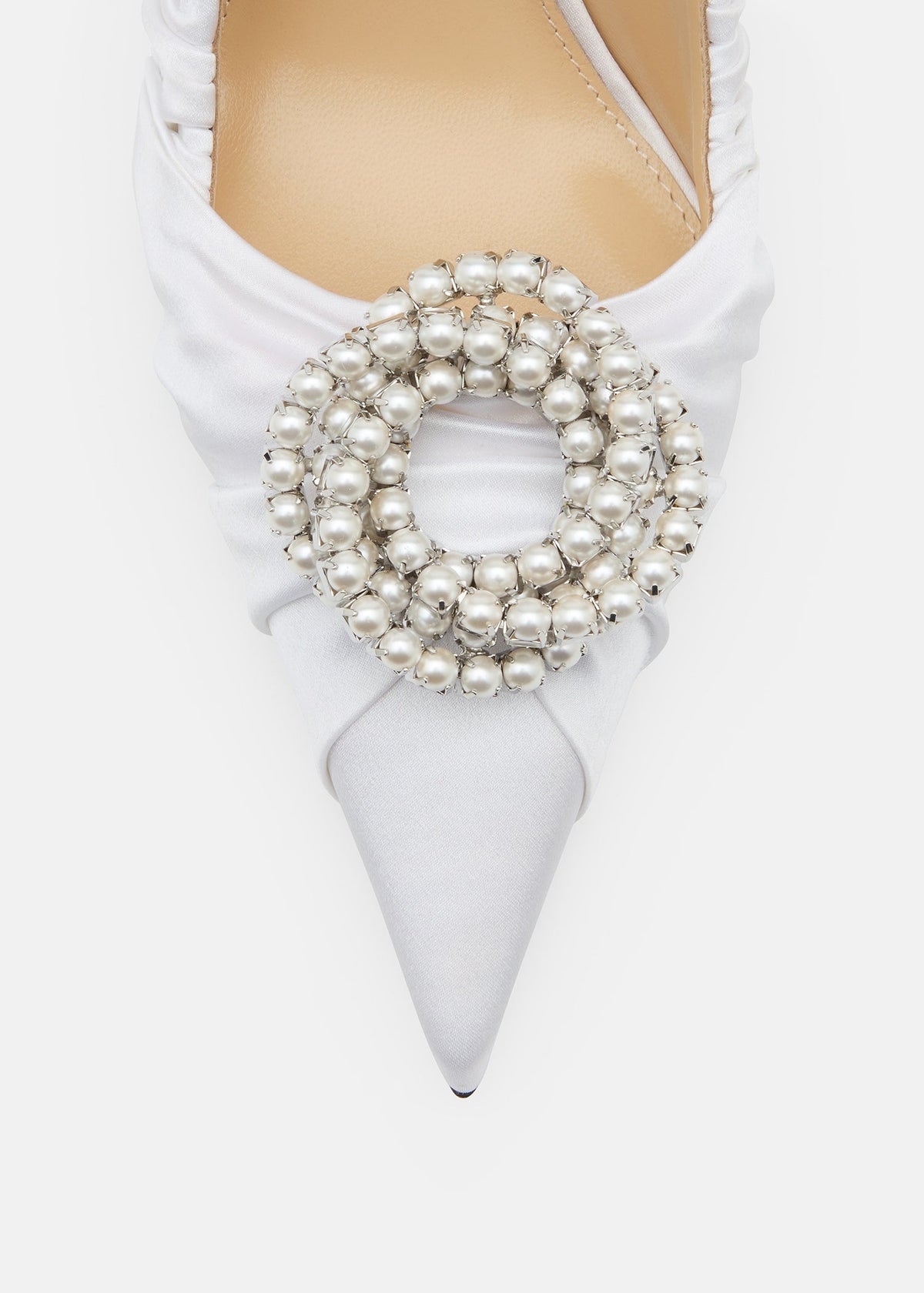 Annabelle White Crystal Pumps – rear view showing crystal, satin, white, Vowalisse