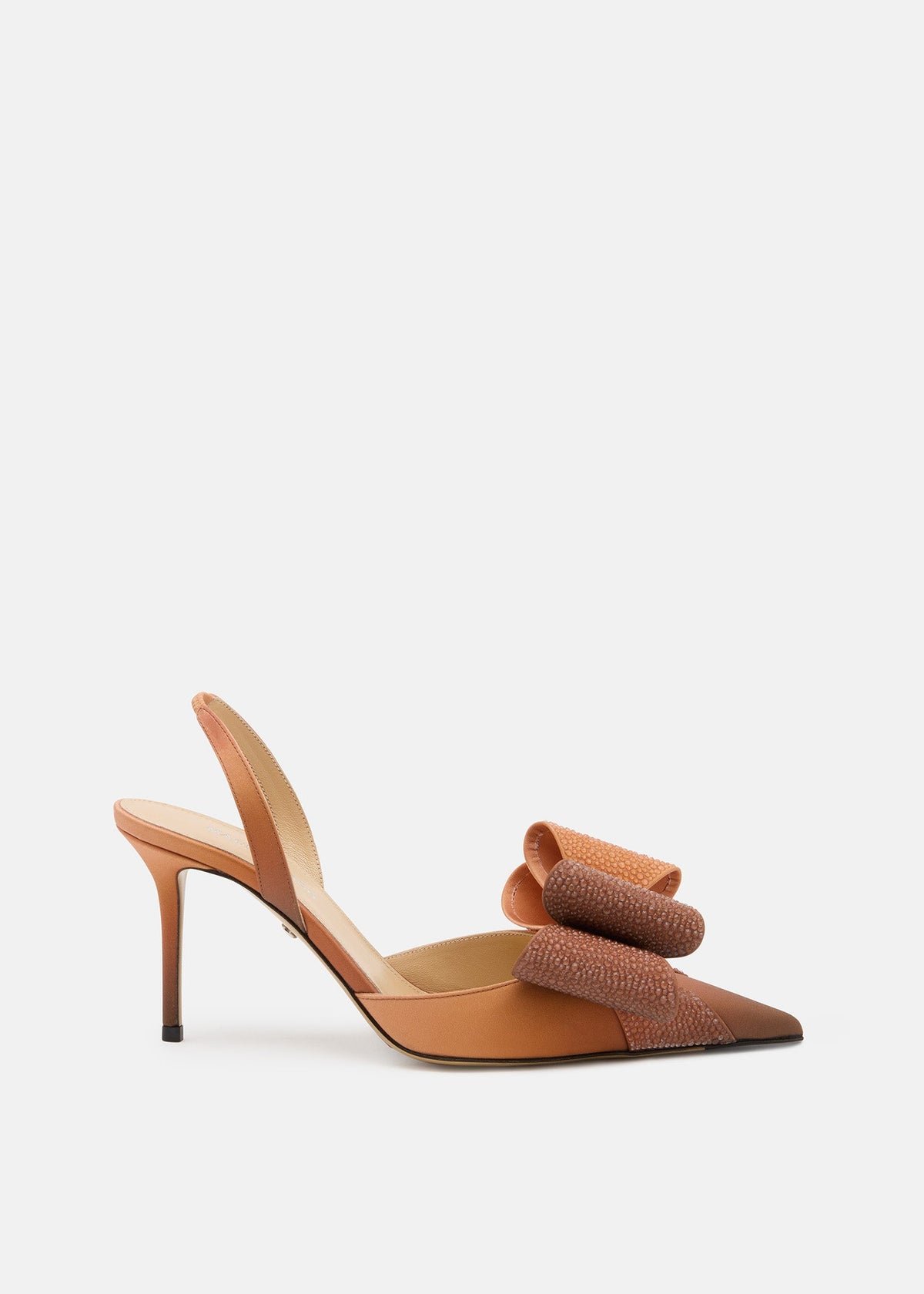 Arielle Brown Crystal Slingbacks – front three-quarter view showing crystal, satin, brown, Vowalisse