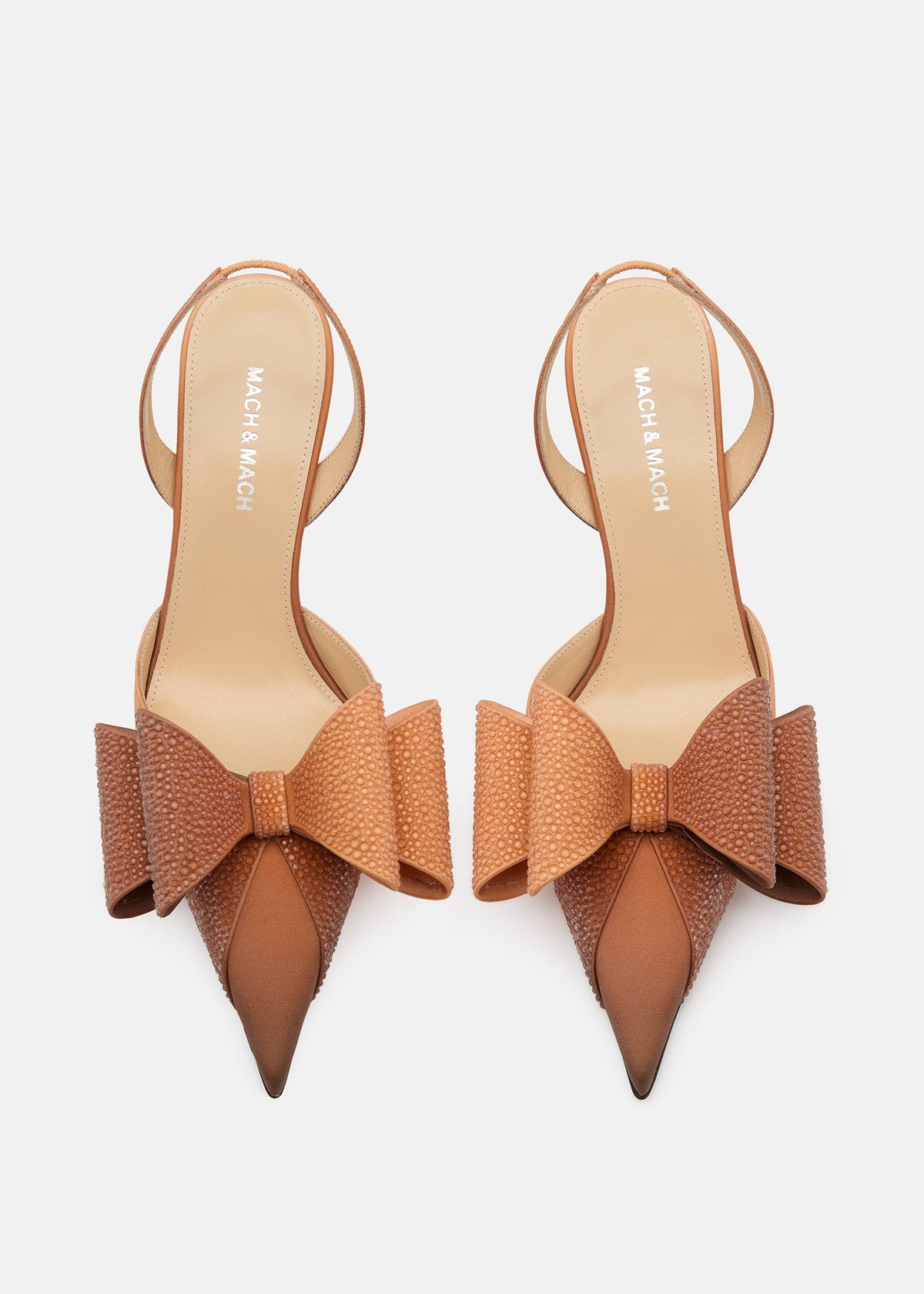 Arielle Brown Crystal Slingbacks – crystal detail view showing crystal, satin, brown, Vowalisse