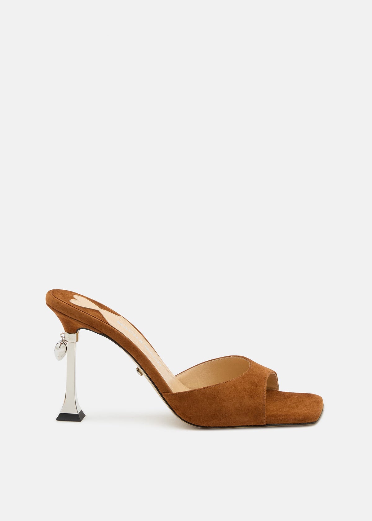 Coralie Light Brown Suede Mules – front three-quarter view showing suede, metallic, red, brown, Vowalisse