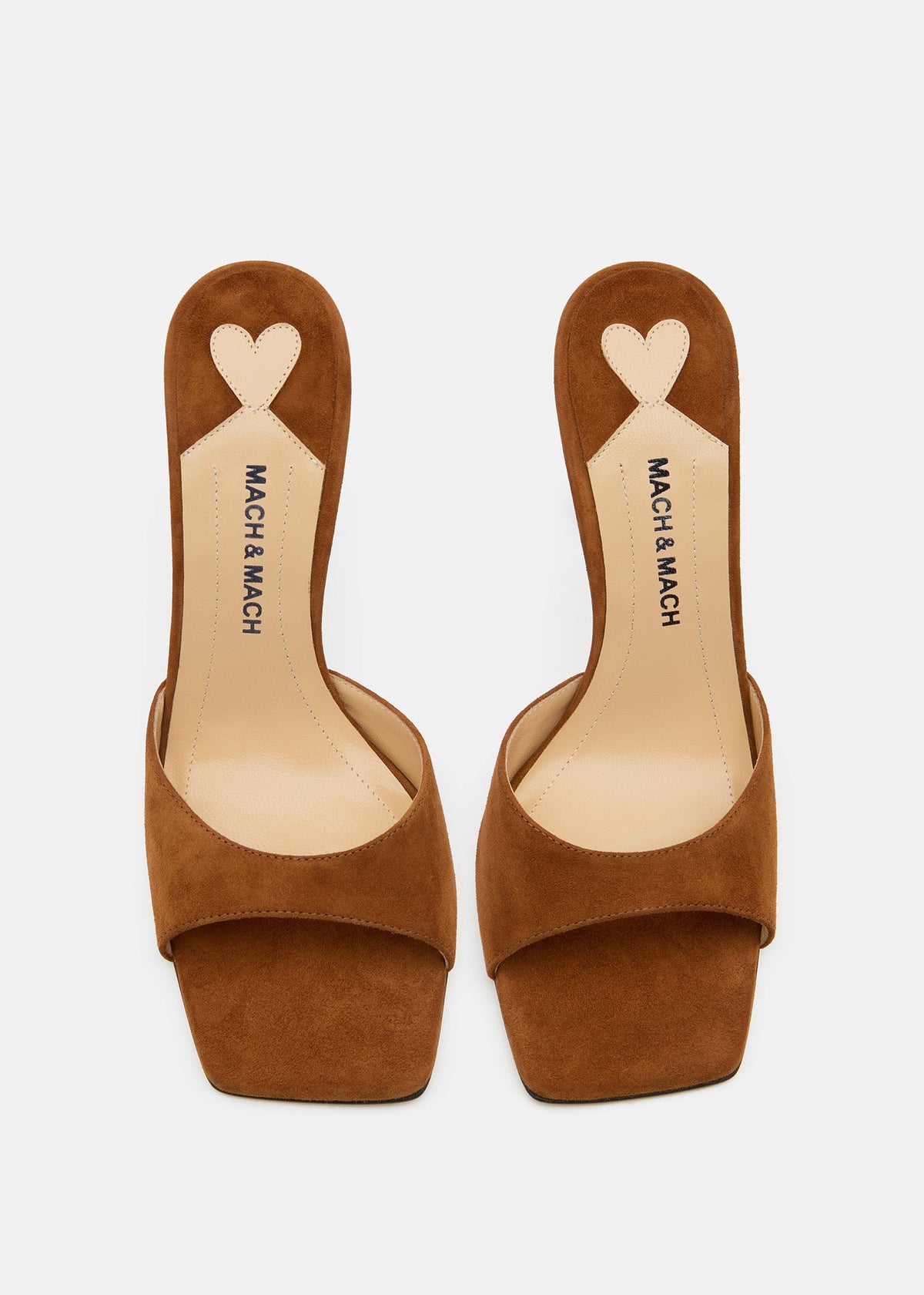 Coralie Light Brown Suede Mules – crystal detail view showing suede, metallic, red, brown, Vowalisse