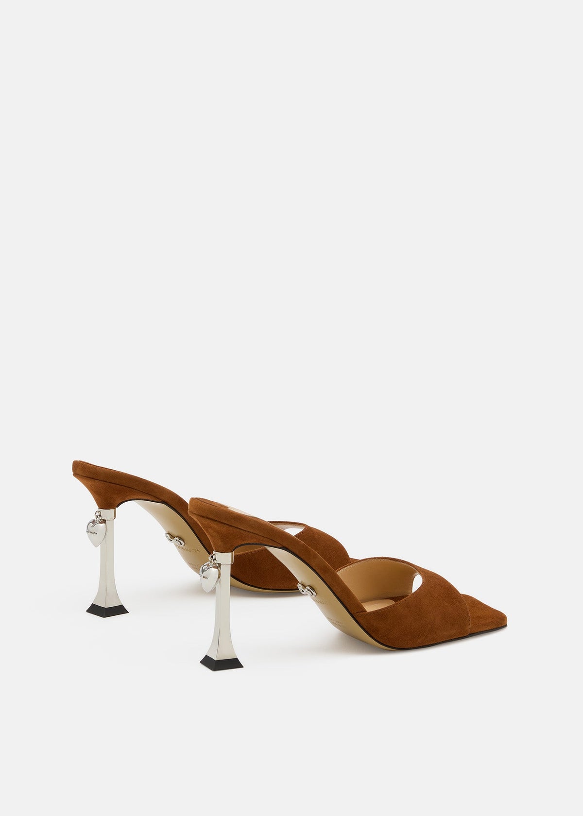 Coralie Light Brown Suede Mules – heel view showing suede, metallic, red, brown, Vowalisse