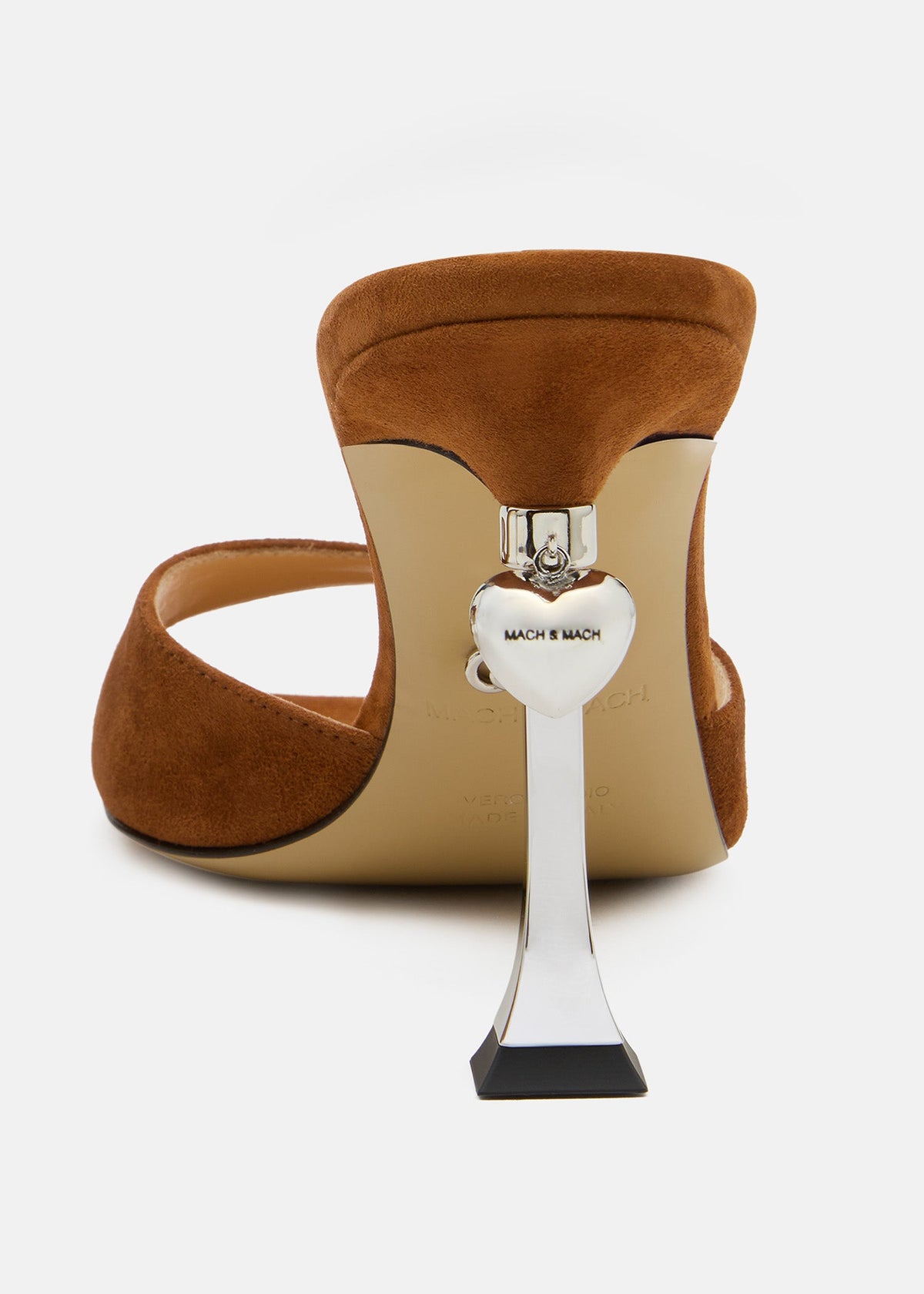 Coralie Light Brown Suede Mules – rear view showing suede, metallic, red, brown, Vowalisse
