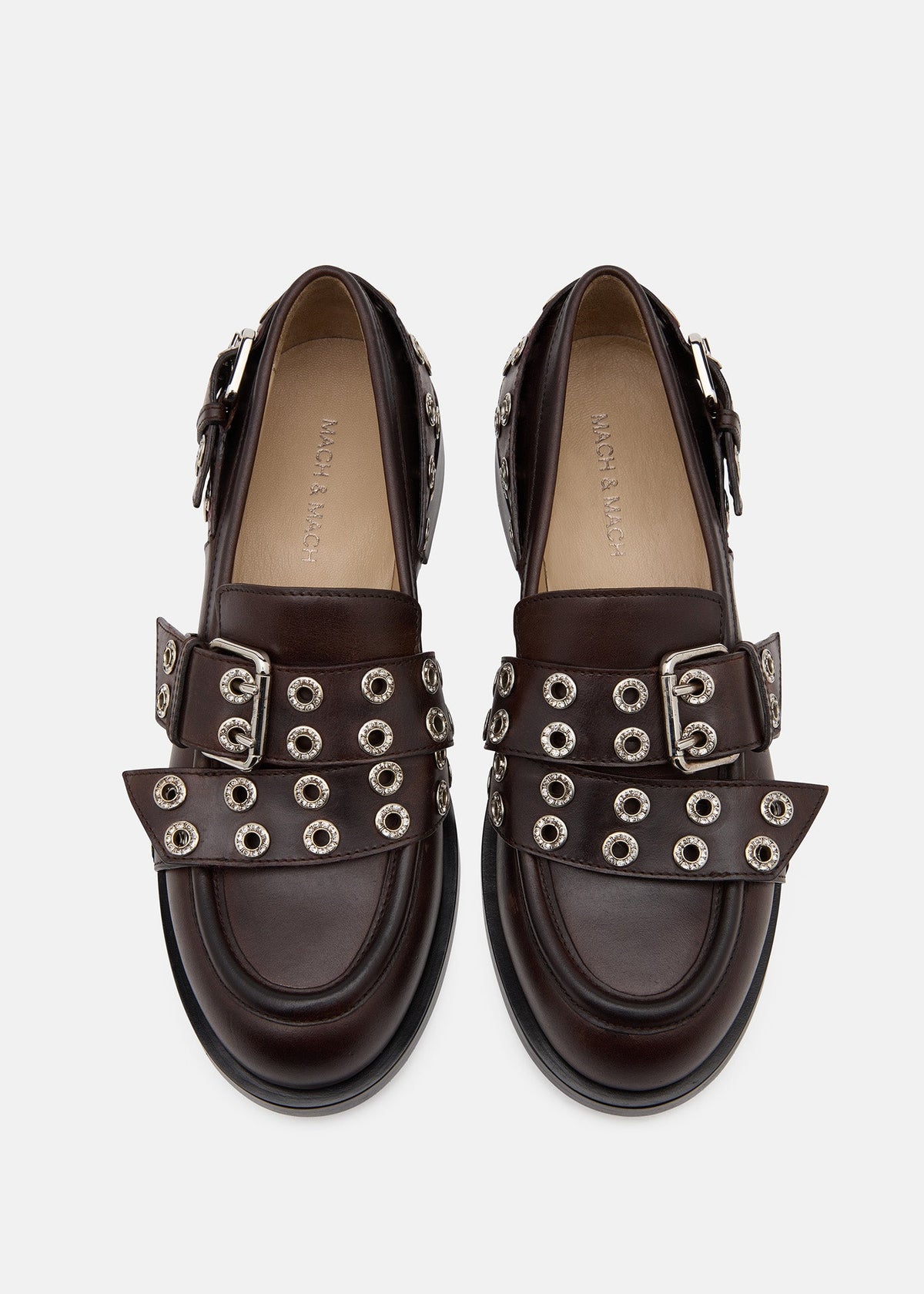 Bianca Brown Red Loafers – crystal detail view showing red, Vowalisse