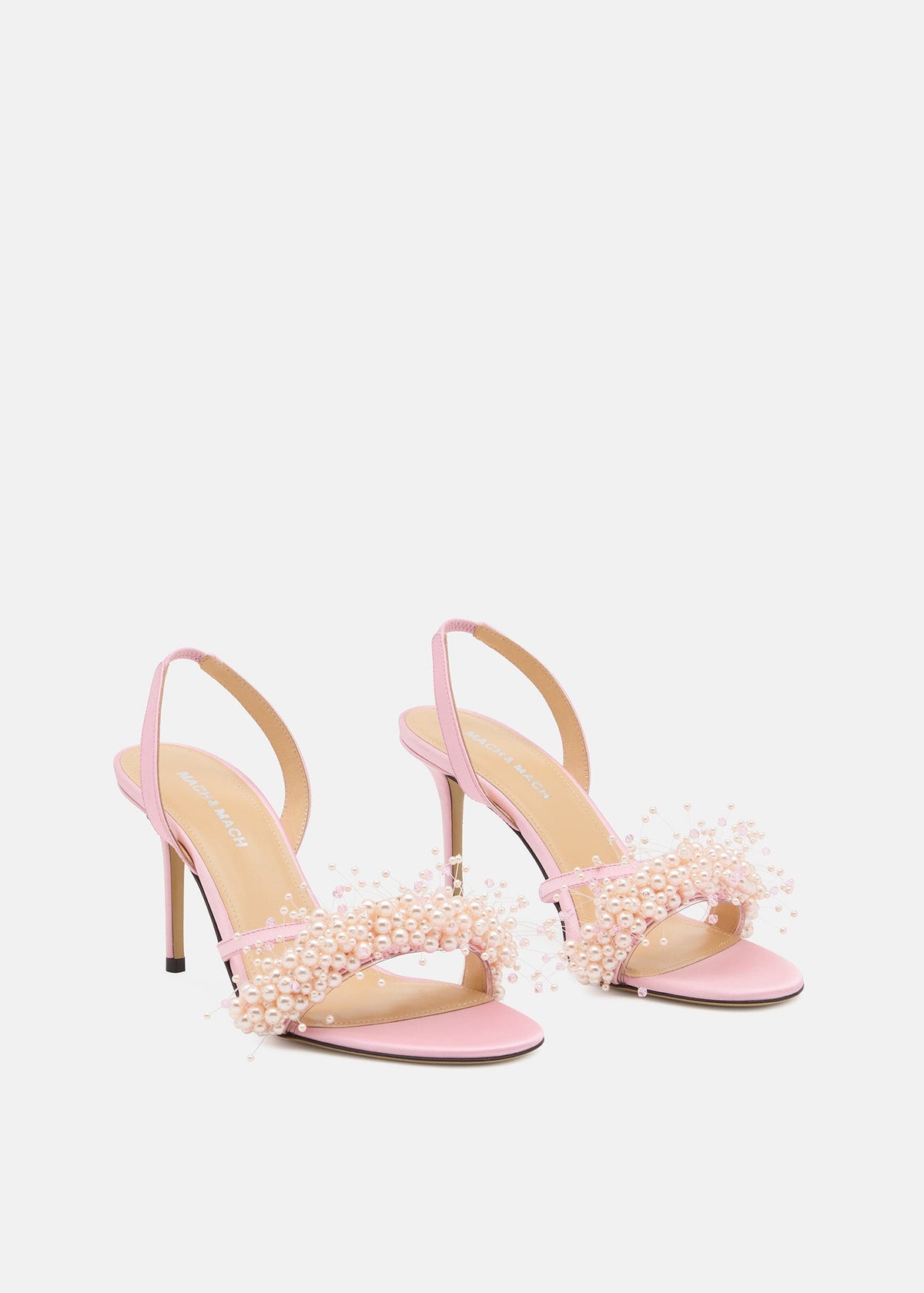 Valeria Pink Floating Pearl Sandals – side profile showing floating pearl, satin, pink, Vowalisse