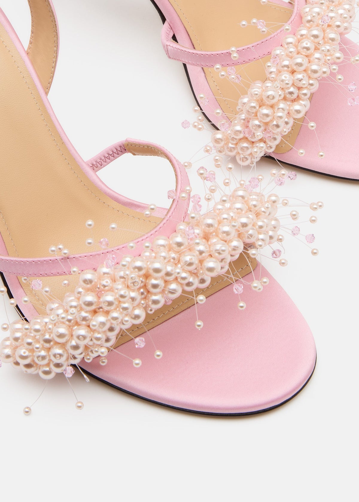 Valeria Pink Floating Pearl Sandals – rear view showing floating pearl, satin, pink, Vowalisse