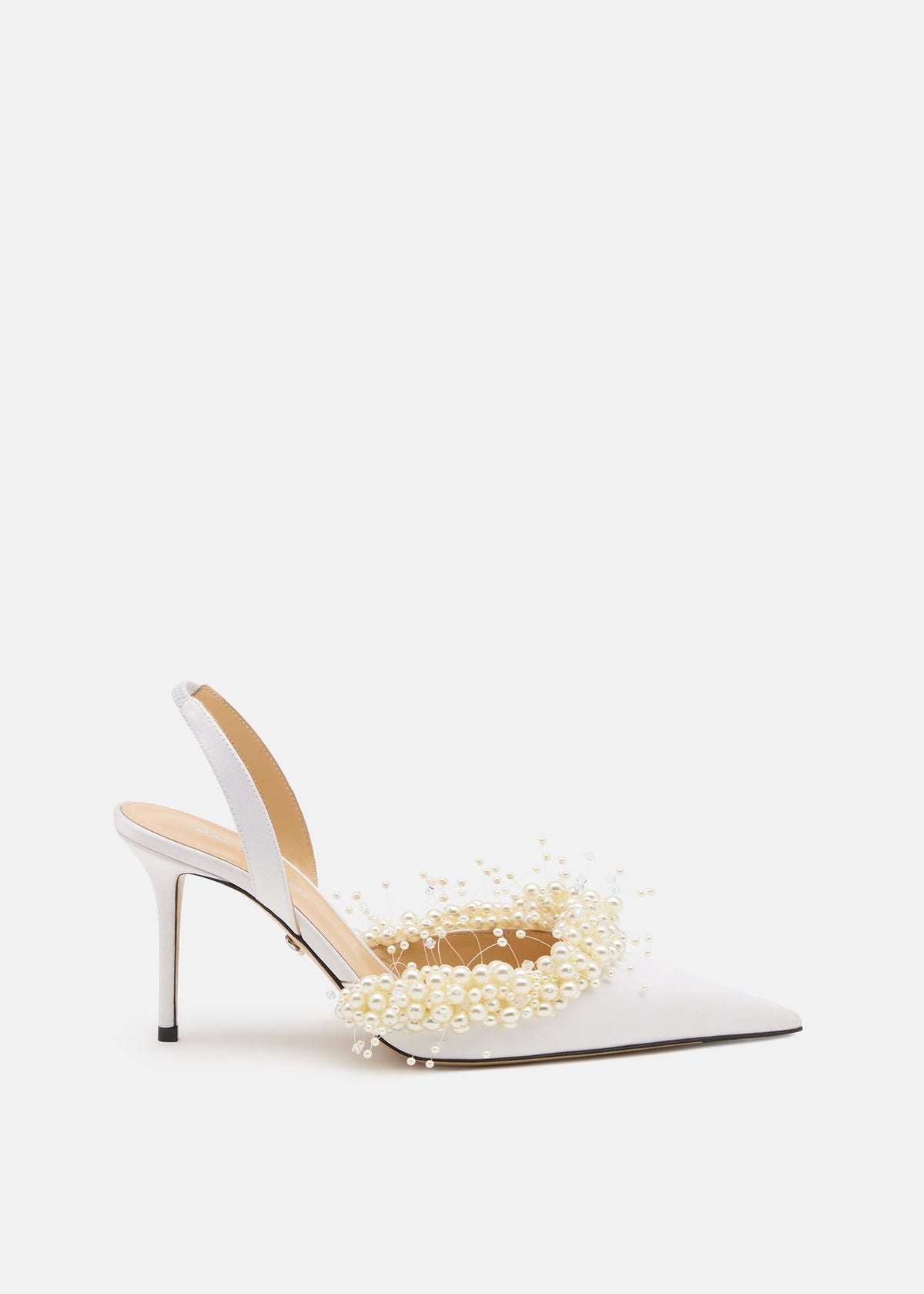 Giselle White Floating Pearl Slingbacks – front three-quarter view showing floating pearl, crystal, satin, lace, Vowalisse