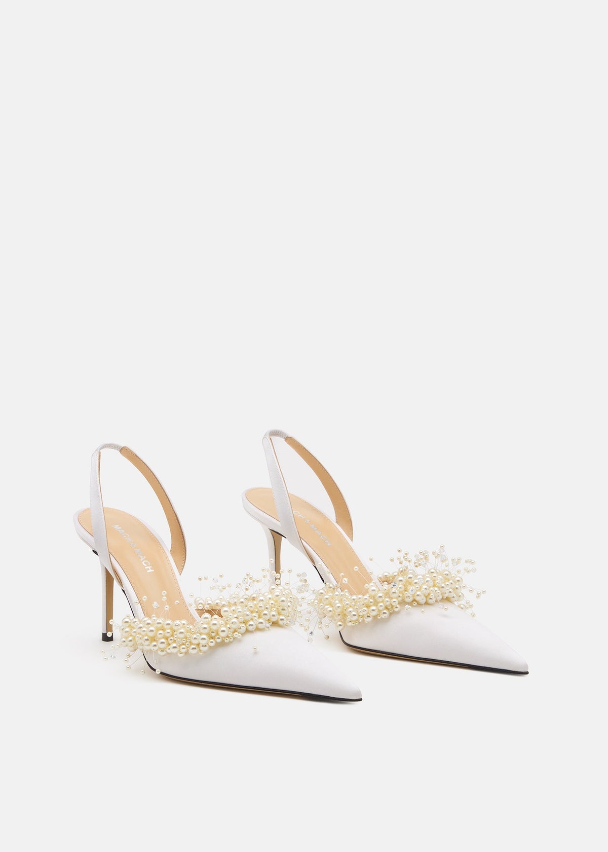 Giselle White Floating Pearl Slingbacks – side profile showing floating pearl, crystal, satin, lace, Vowalisse