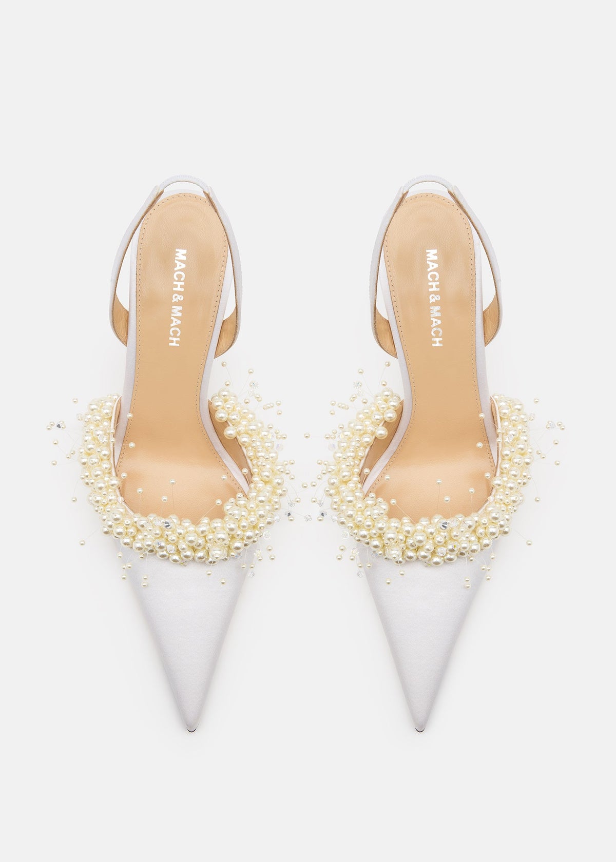 Giselle White Floating Pearl Slingbacks – crystal detail view showing floating pearl, crystal, satin, lace, Vowalisse