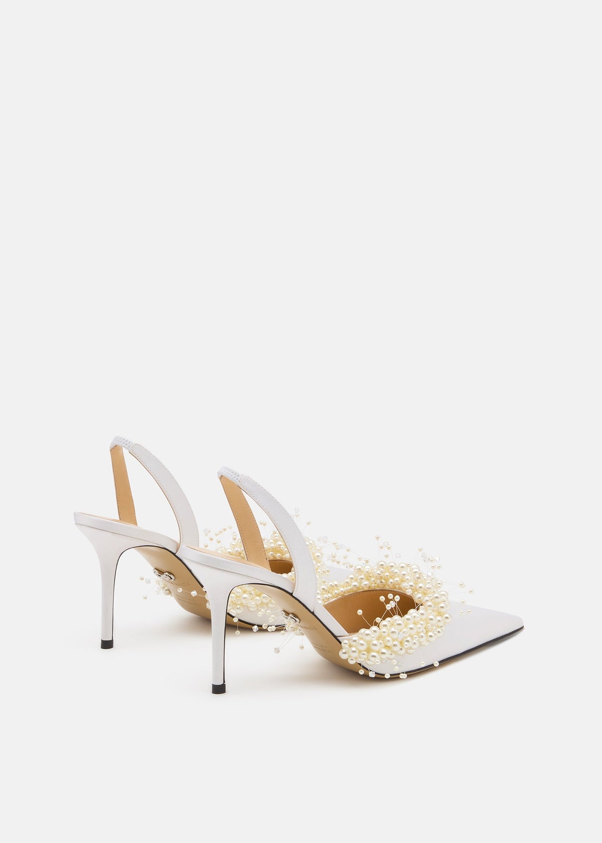Giselle White Floating Pearl Slingbacks – heel view showing floating pearl, crystal, satin, lace, Vowalisse