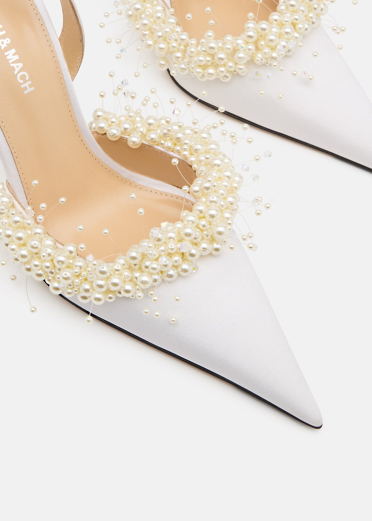 Giselle White Floating Pearl Slingbacks – rear view showing floating pearl, crystal, satin, lace, Vowalisse