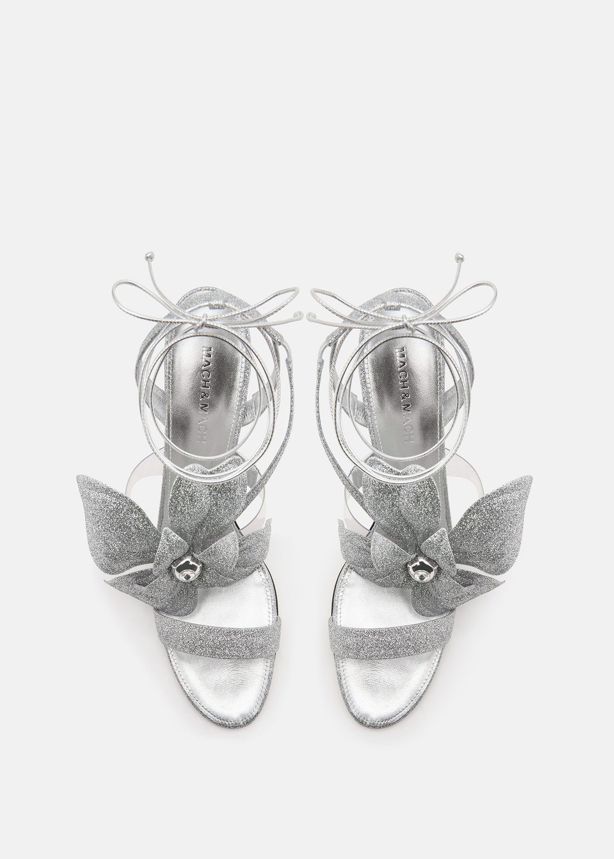 Ophelia Silver Double Bow Sandals – crystal detail view showing double bow, glitter, silver, Vowalisse