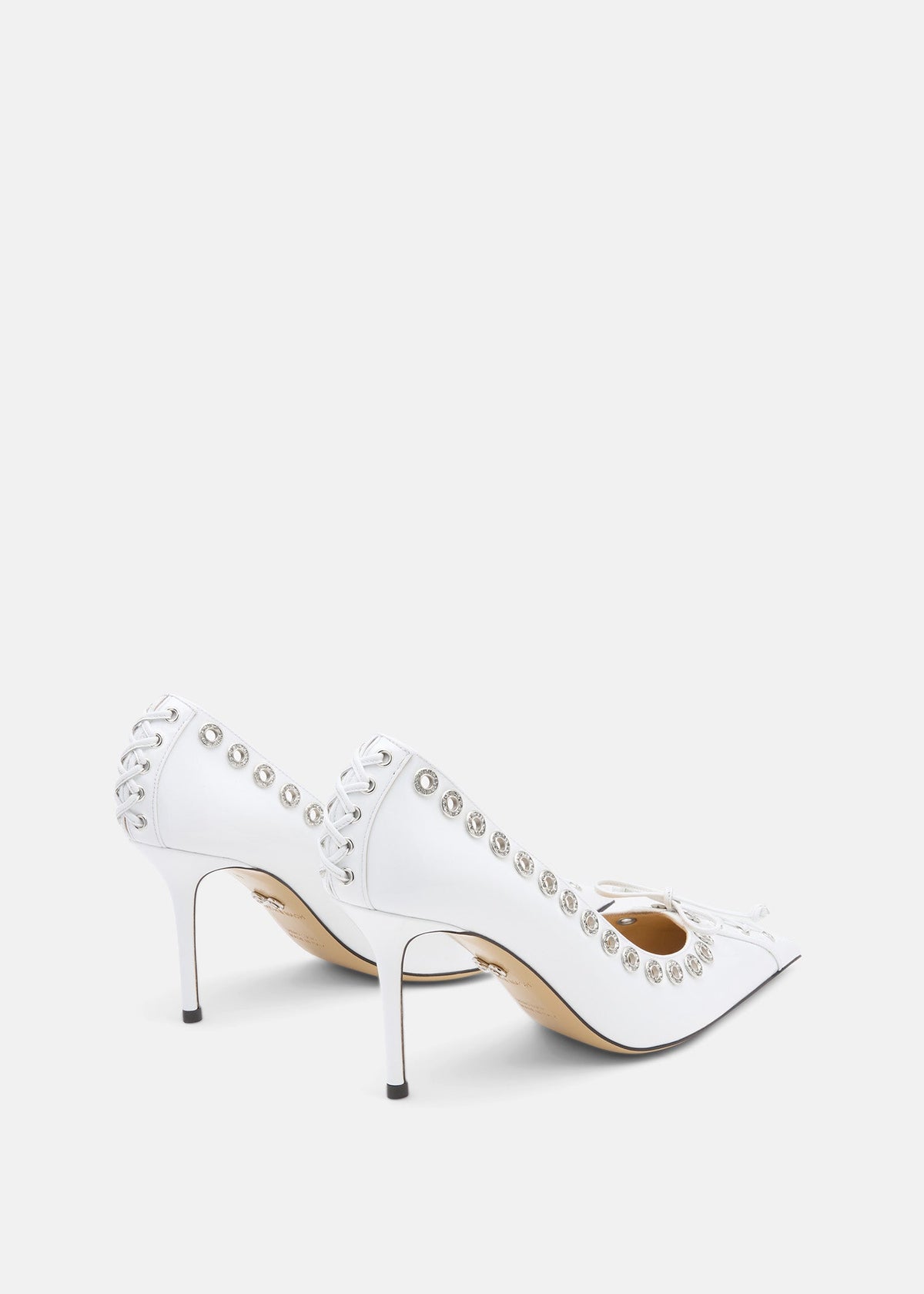 Cosette White Crystal Pumps – heel view showing crystal, patent leather, red, Vowalisse