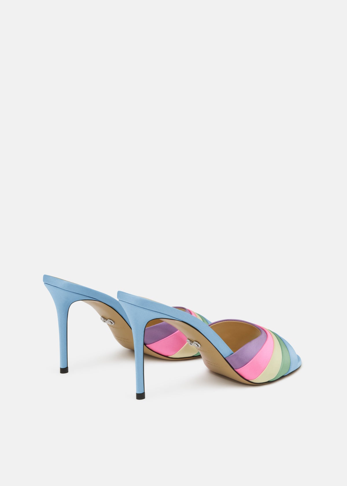 Marielle Multicolor Double Bow Mules – heel view showing double bow, satin, Vowalisse