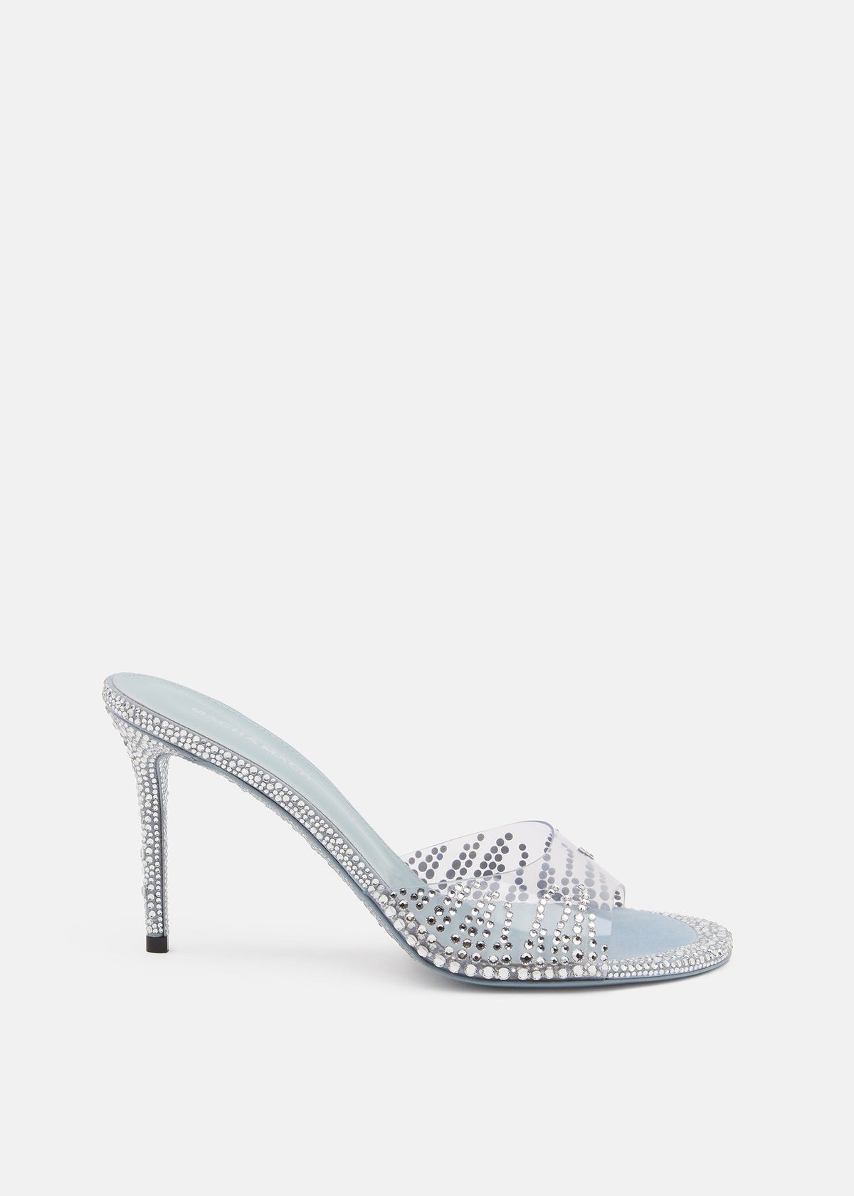 Lunette Grey Crystal Flame Mules – front three-quarter view showing crystal flame, metallic, Vowalisse
