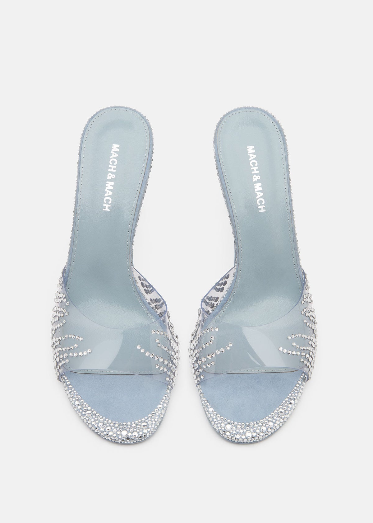Lunette Grey Crystal Flame Mules – crystal detail view showing crystal flame, metallic, Vowalisse
