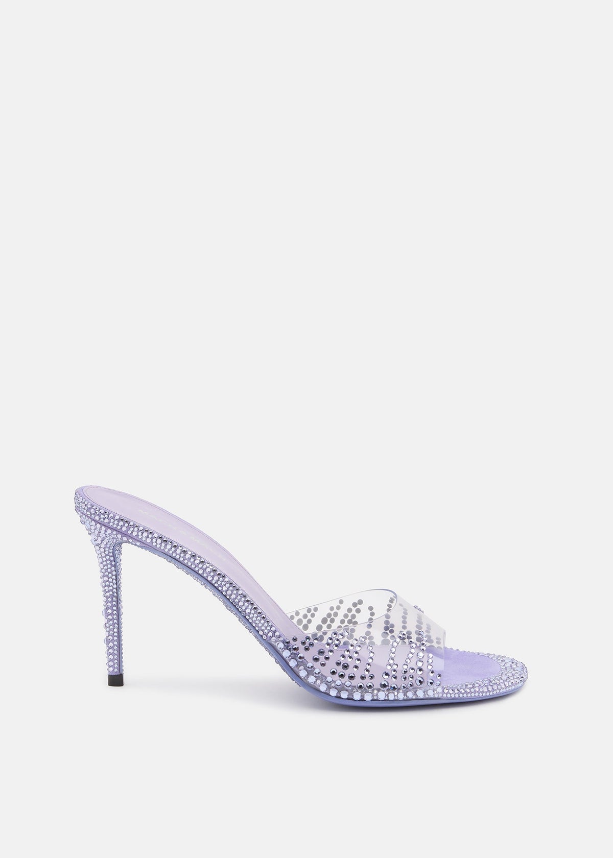 Valentina Lavender Crystal Flame Mules – front three-quarter view showing crystal flame, Vowalisse