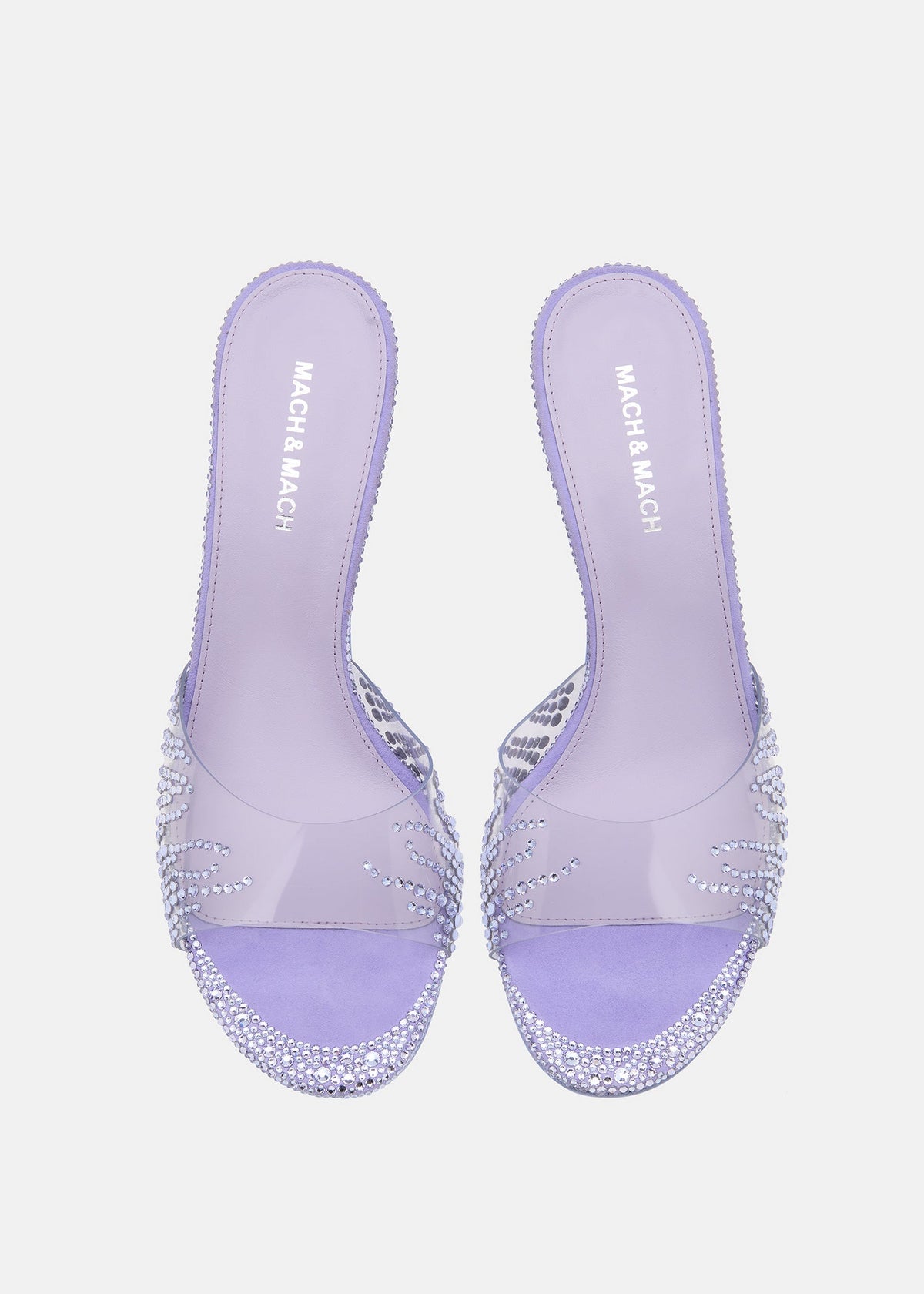 Valentina Lavender Crystal Flame Mules – crystal detail view showing crystal flame, Vowalisse