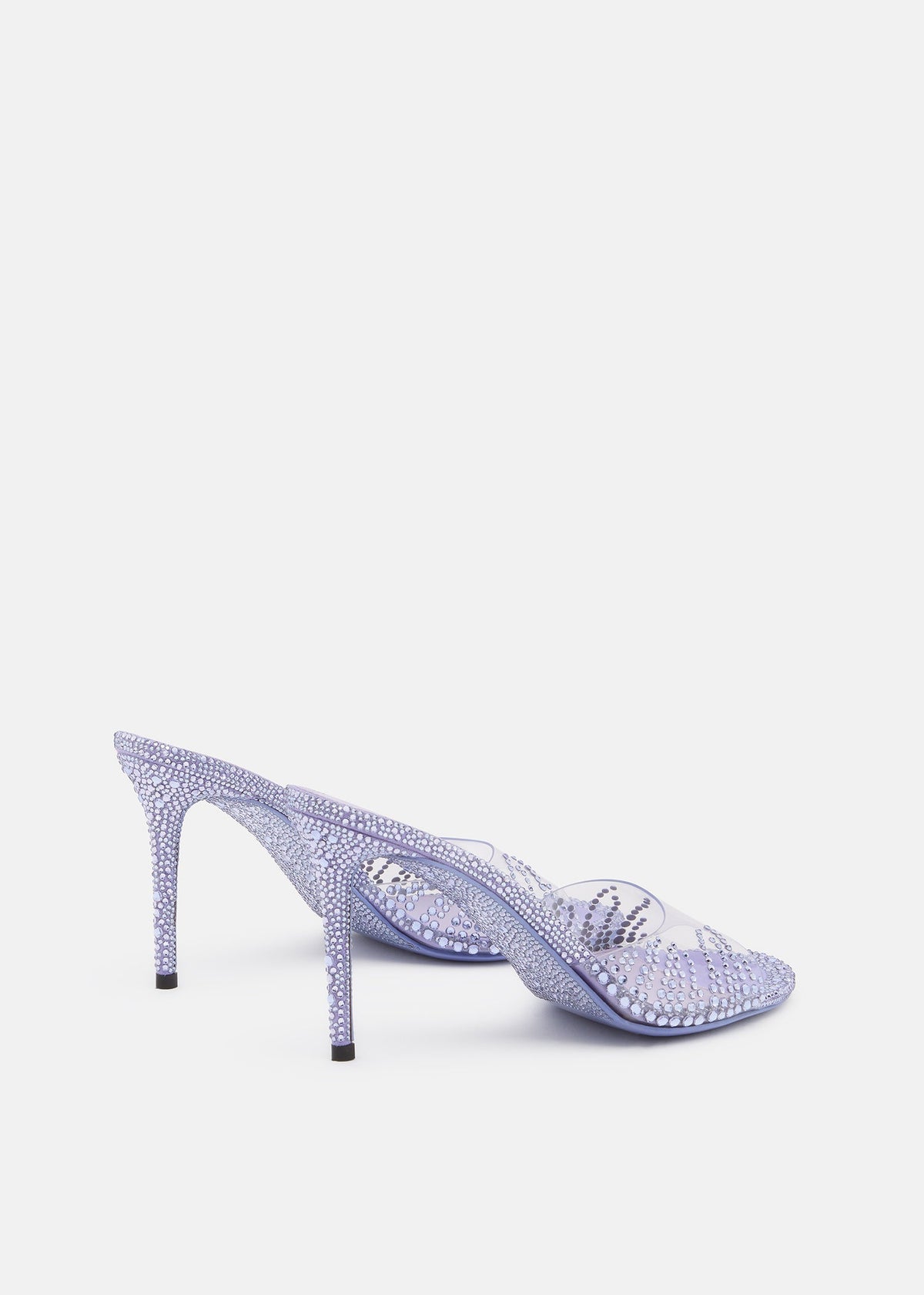 Valentina Lavender Crystal Flame Mules – heel view showing crystal flame, Vowalisse