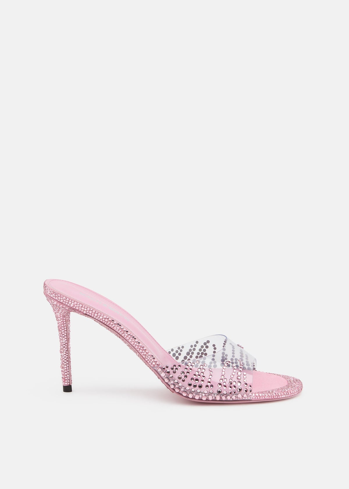 Seraphina Pink Crystal Flame Mules – front three-quarter view showing crystal flame, pink, Vowalisse