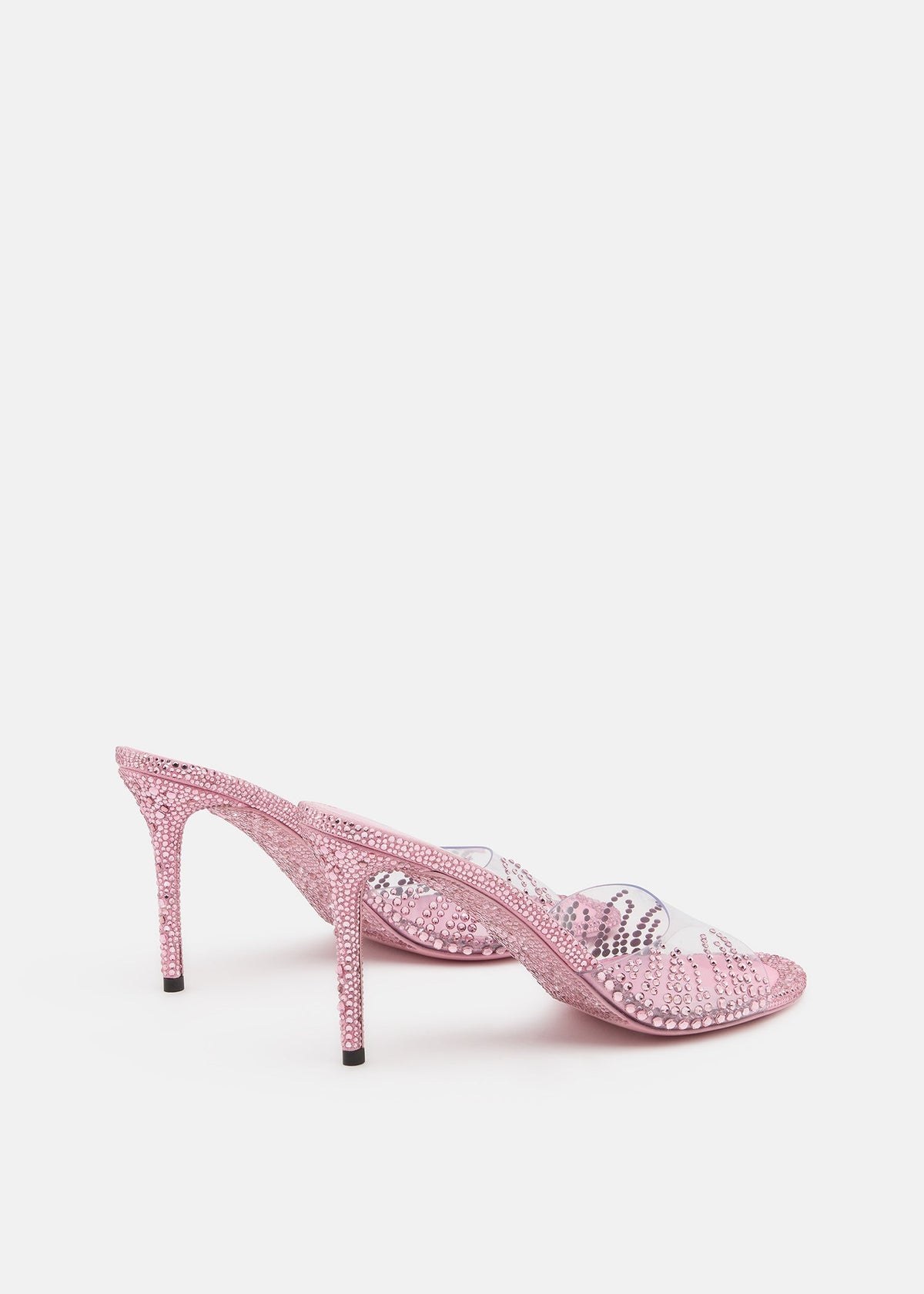 Seraphina Pink Crystal Flame Mules – heel view showing crystal flame, pink, Vowalisse