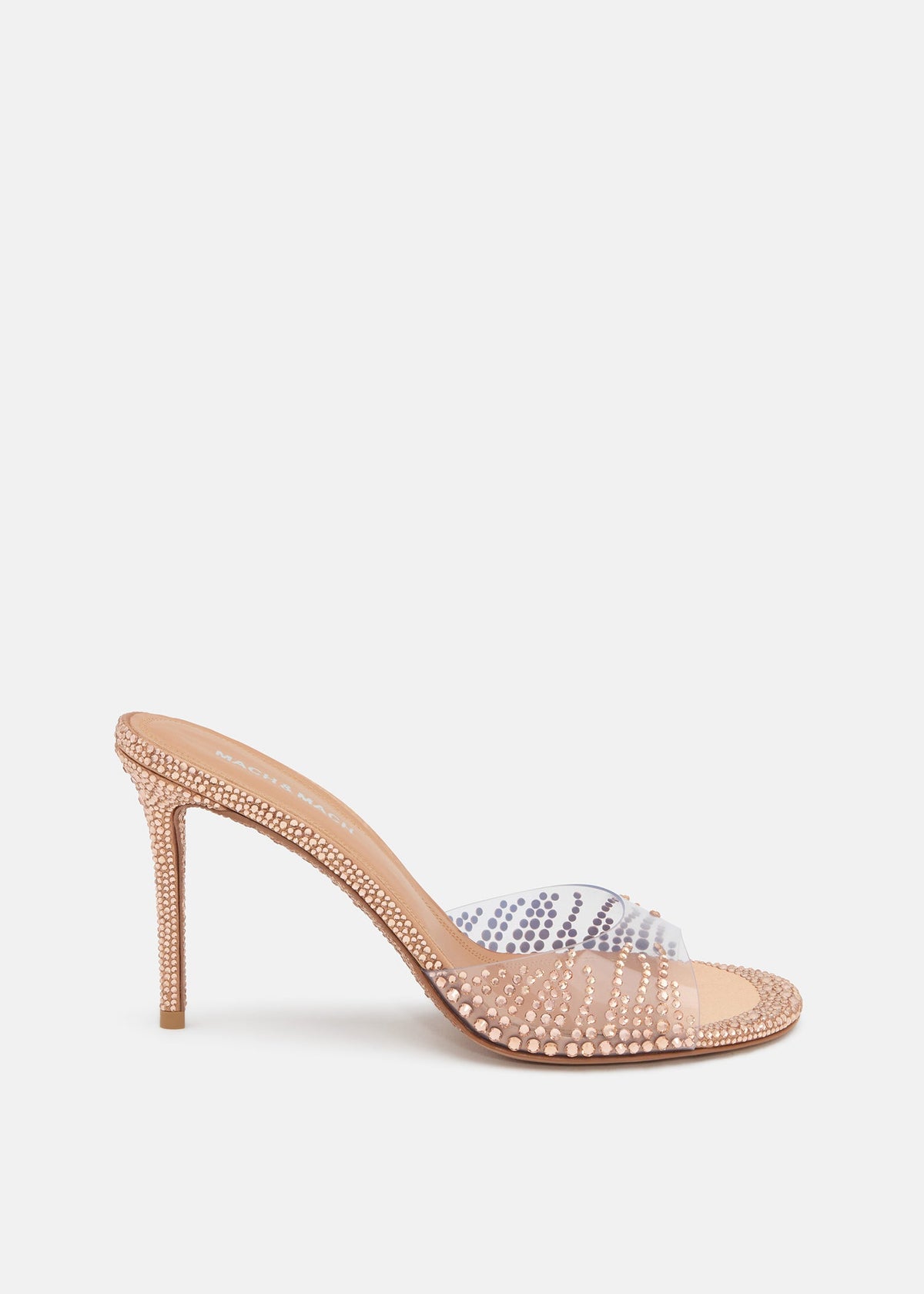 Genevieve Gold Crystal Flame Mules – front three-quarter view showing crystal flame, metallic, gold, red, Vowalisse
