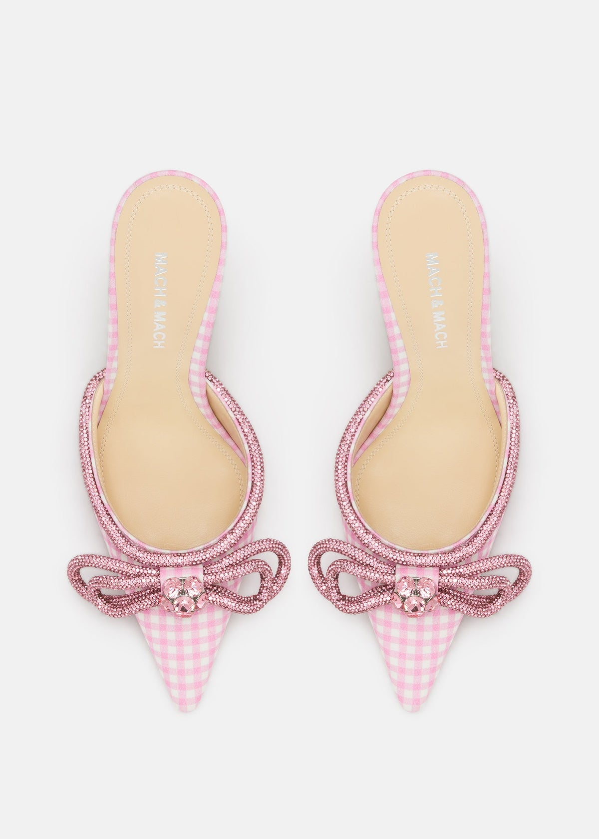 Cressida Pink Double Bow Mules – crystal detail view showing double bow, pink, Vowalisse