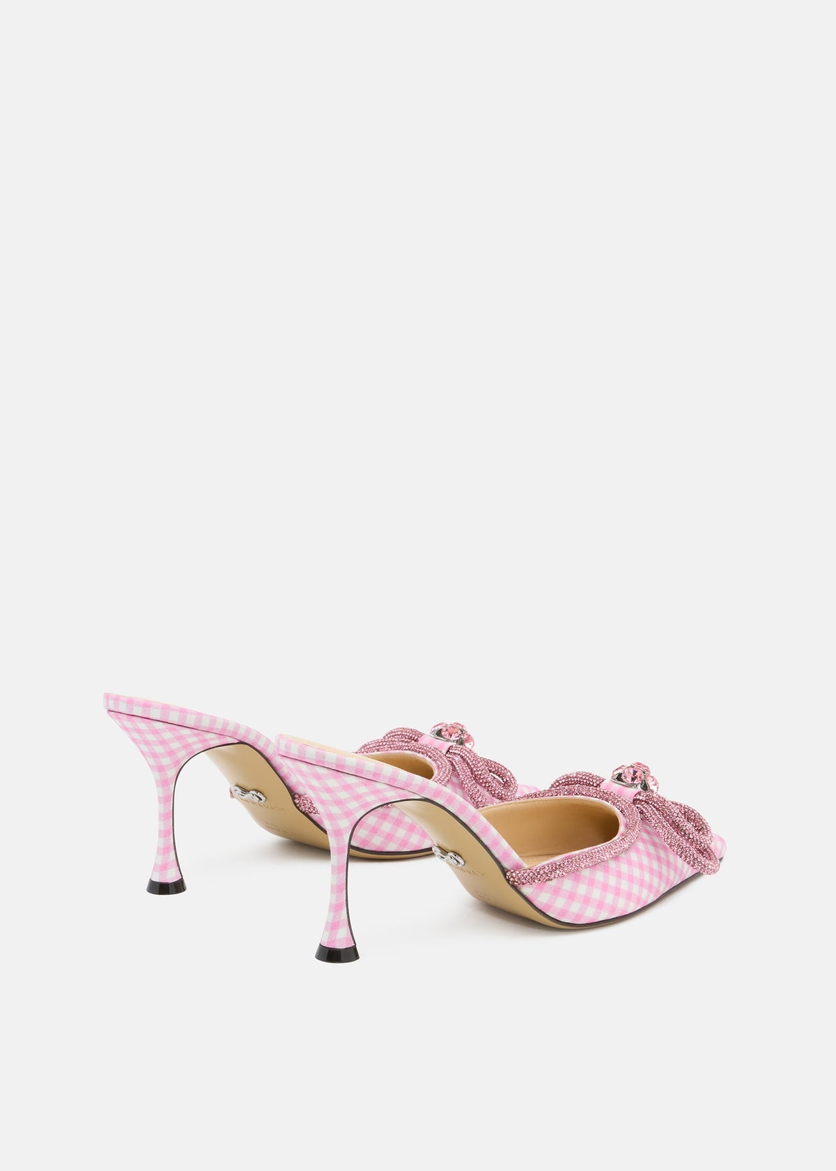 Cressida Pink Double Bow Mules – heel view showing double bow, pink, Vowalisse