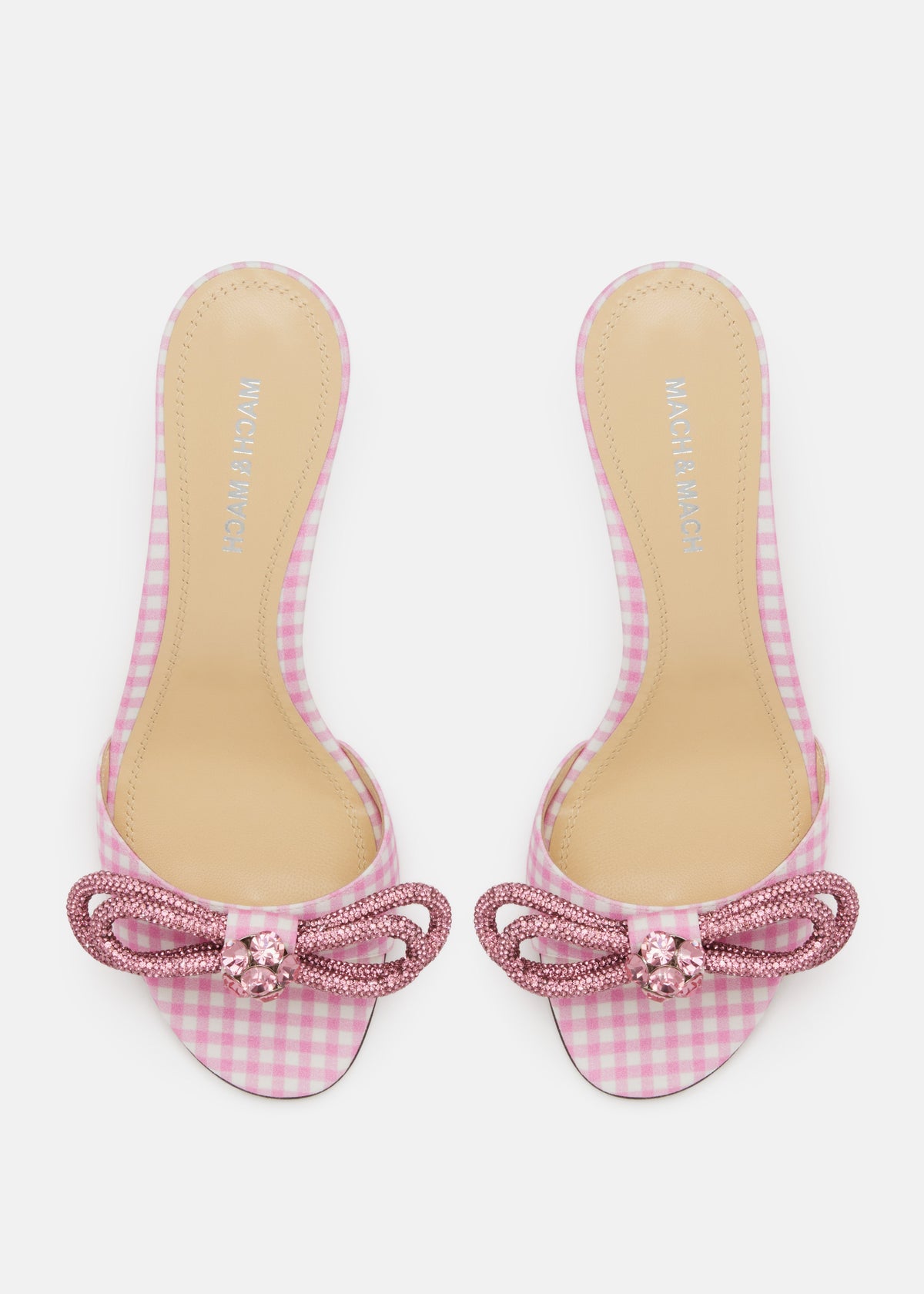 Evangeline Pink Double Bow Mules – heel view showing double bow, pink, Vowalisse