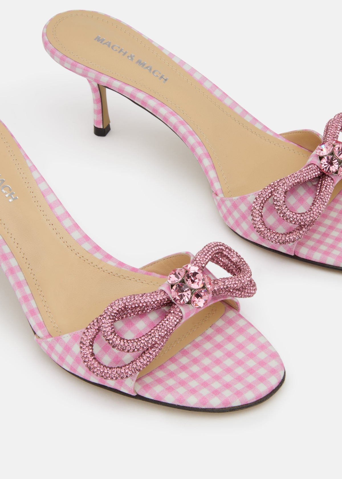 Evangeline Pink Double Bow Mules – crystal detail view showing double bow, pink, Vowalisse