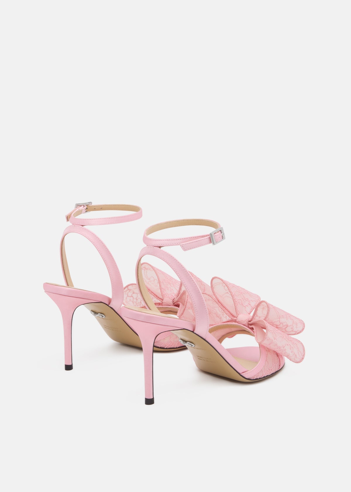 Rosalie Pink Double Bow Sandals – crystal detail view showing double bow, lace, pink, Vowalisse