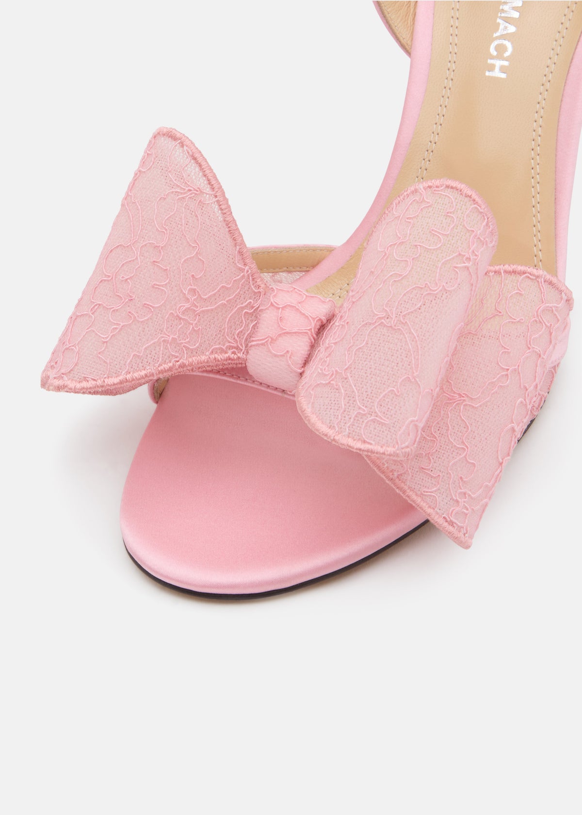 Rosalie Pink Double Bow Sandals – heel view showing double bow, lace, pink, Vowalisse