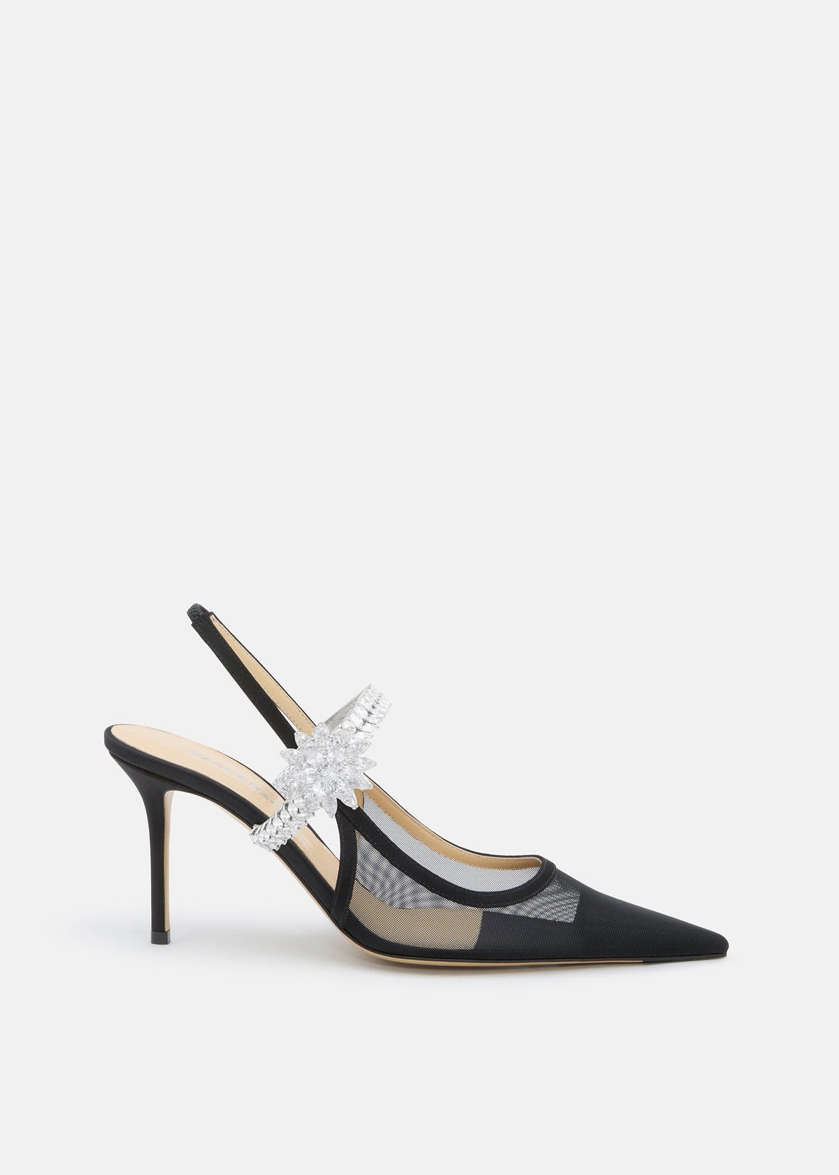 Camellia Black Lotus Flower Slingbacks – front three-quarter view showing lotus flower, crystal, mesh, black, Vowalisse