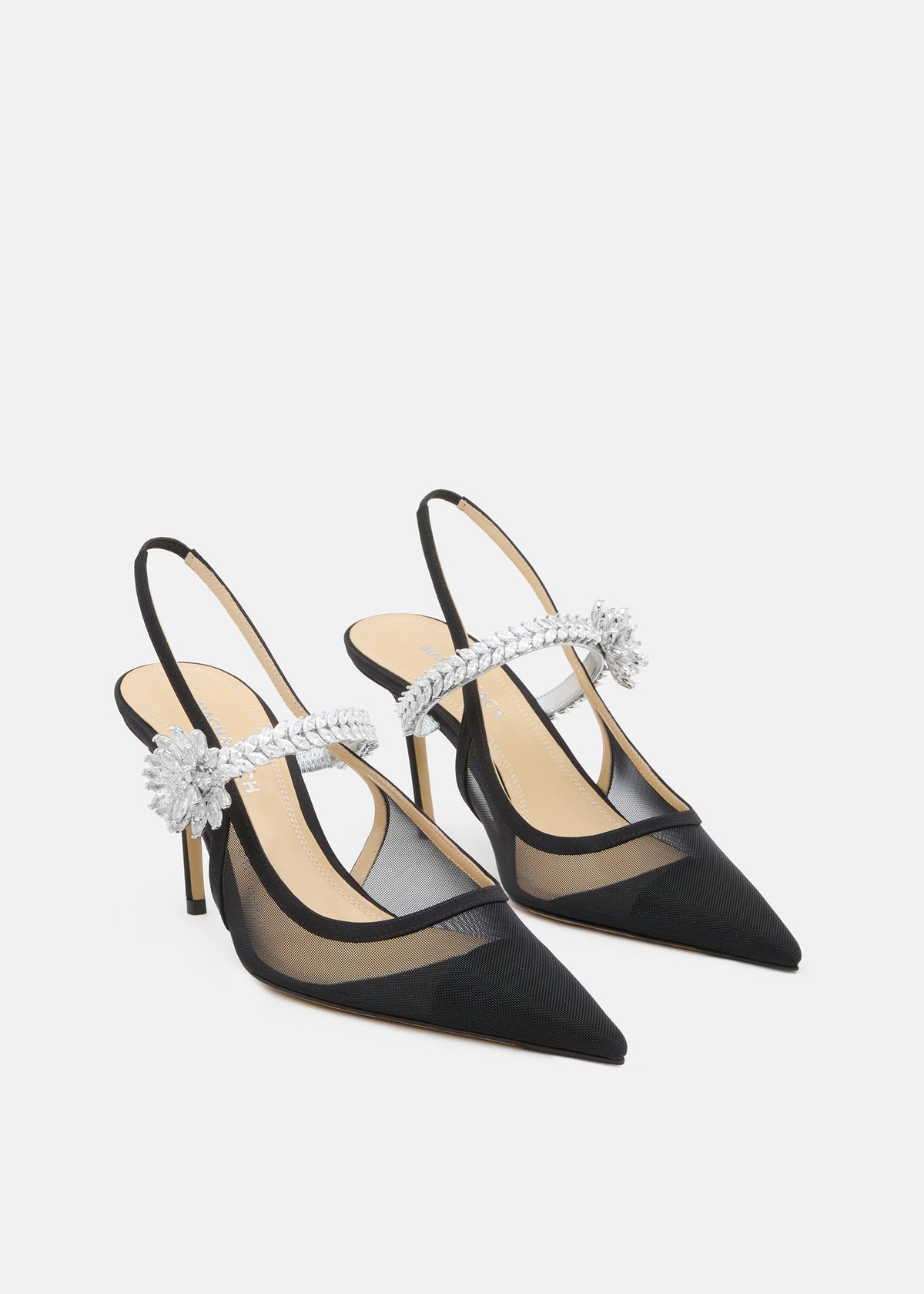 Camellia Black Lotus Flower Slingbacks – side profile showing lotus flower, crystal, mesh, black, Vowalisse