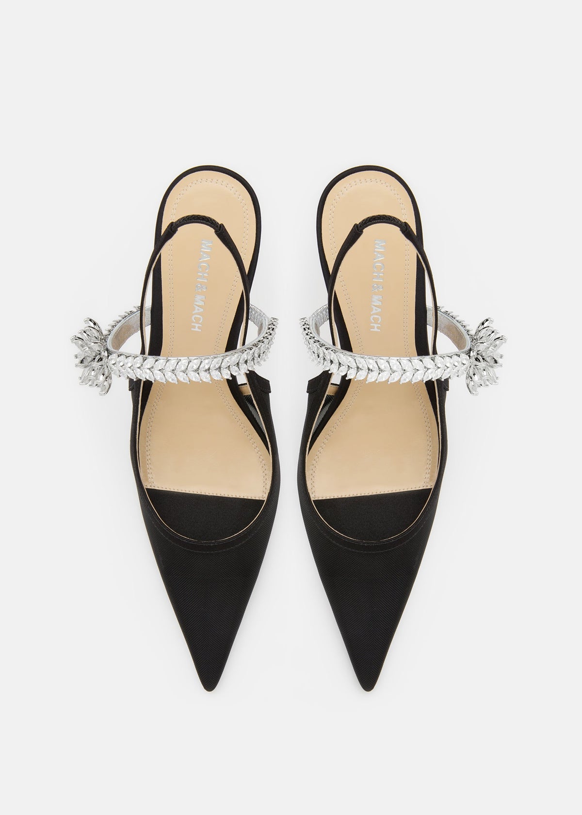 Camellia Black Lotus Flower Slingbacks – crystal detail view showing lotus flower, crystal, mesh, black, Vowalisse