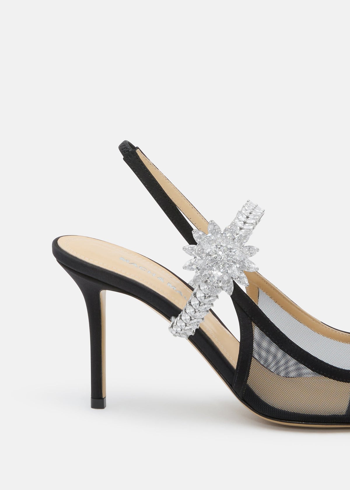 Camellia Black Lotus Flower Slingbacks – rear view showing lotus flower, crystal, mesh, black, Vowalisse