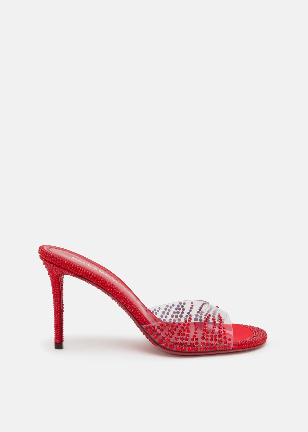 Juliette Red Crystal Flame Mules – front three-quarter view showing crystal flame, red, Vowalisse