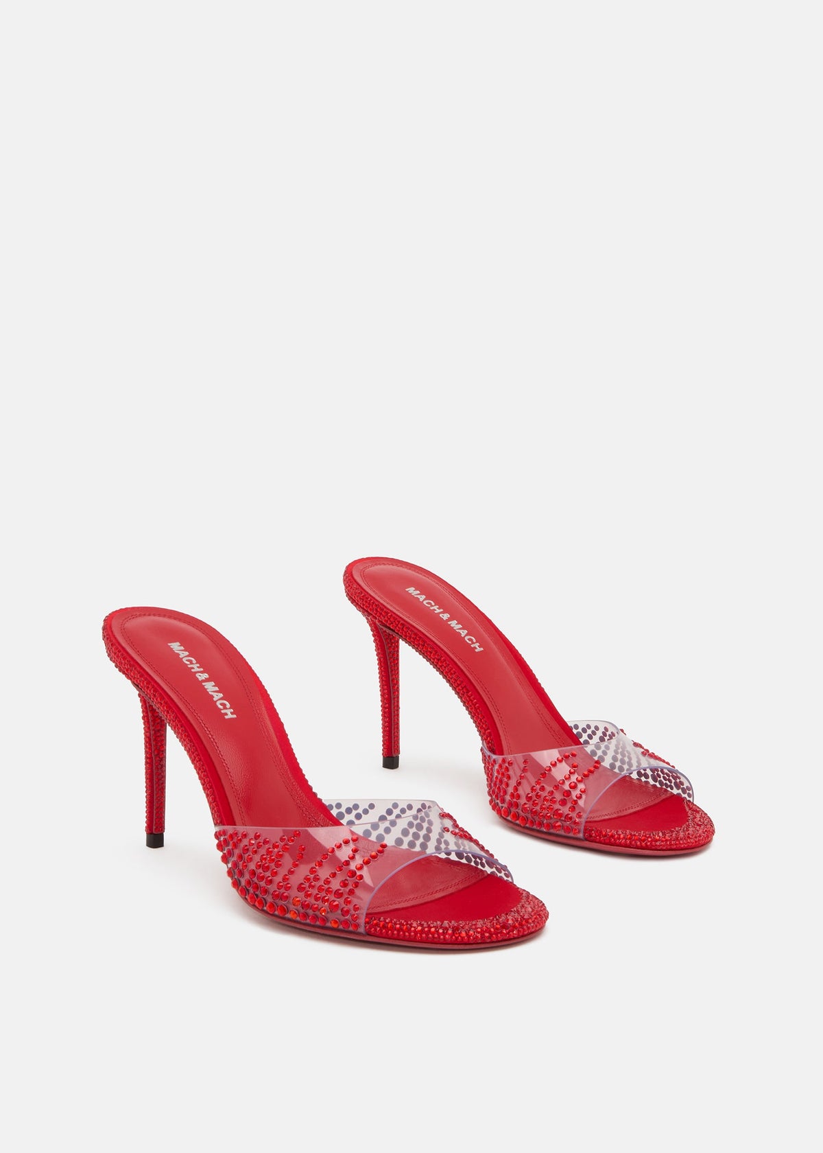 Juliette Red Crystal Flame Mules – side profile showing crystal flame, red, Vowalisse