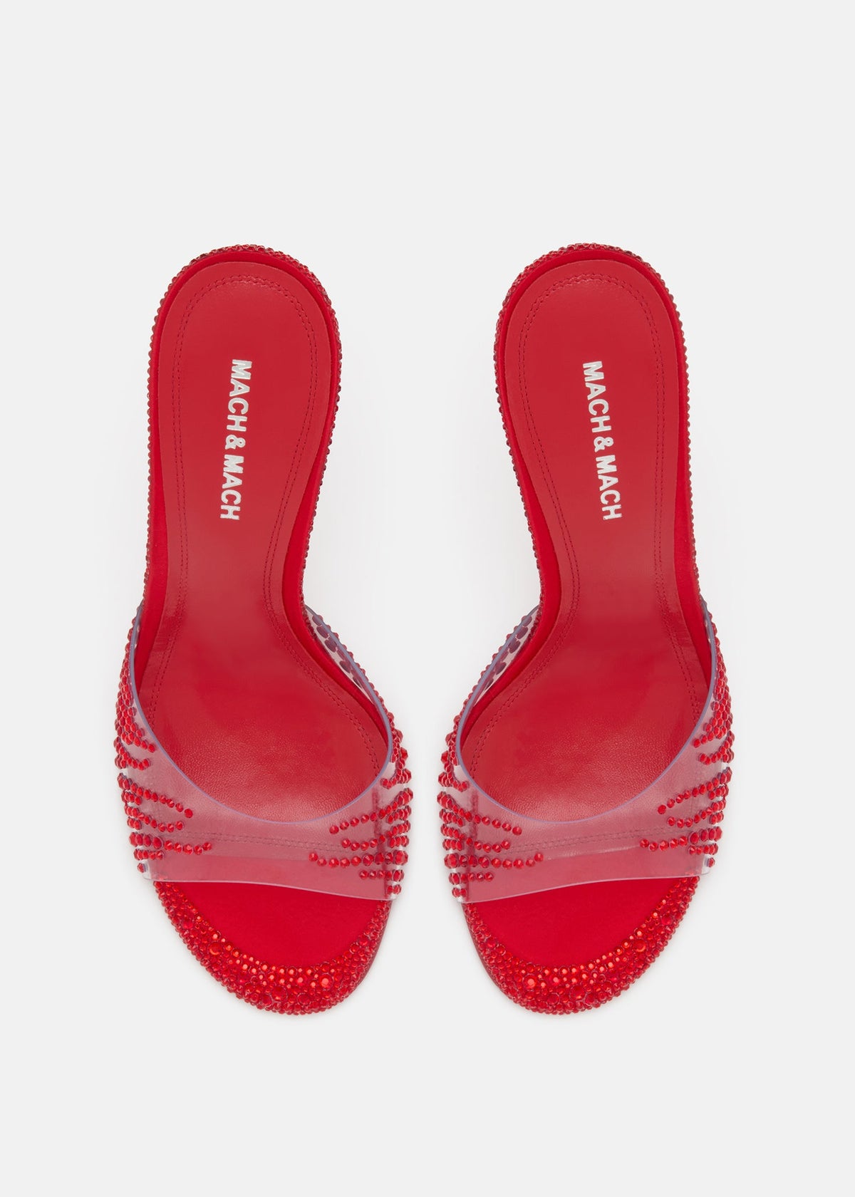 Juliette Red Crystal Flame Mules – crystal detail view showing crystal flame, red, Vowalisse
