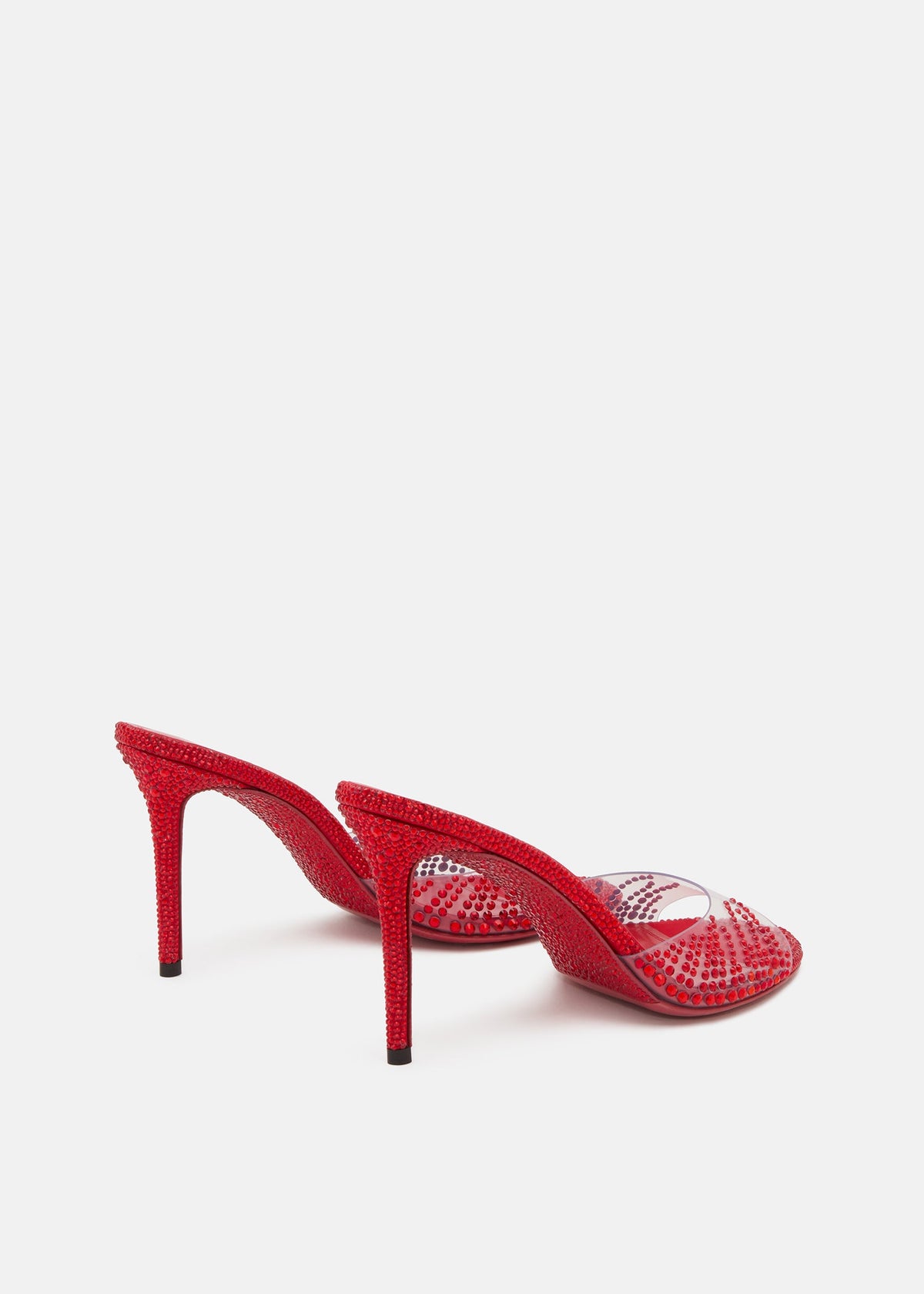 Juliette Red Crystal Flame Mules – heel view showing crystal flame, red, Vowalisse