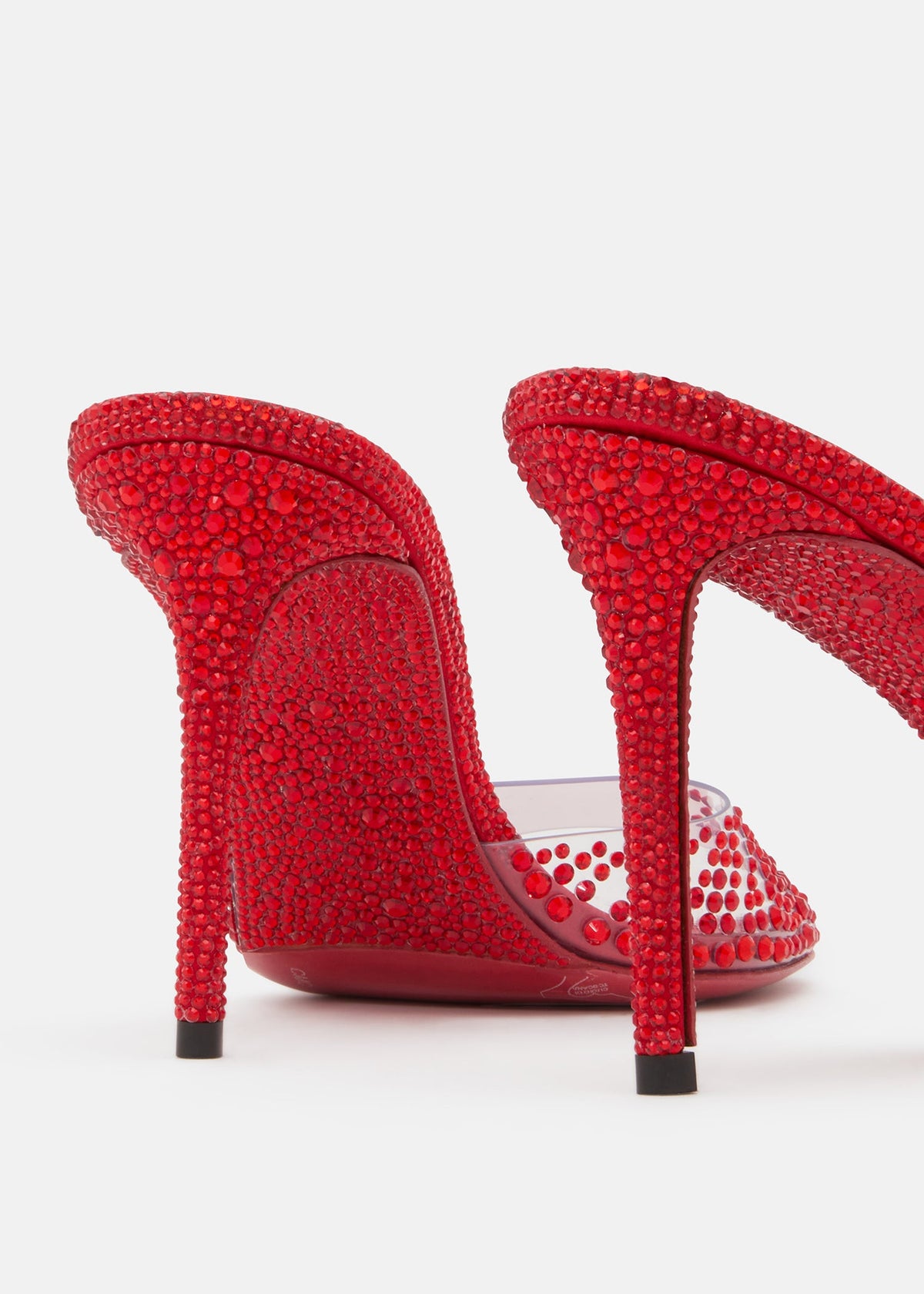Juliette Red Crystal Flame Mules – rear view showing crystal flame, red, Vowalisse