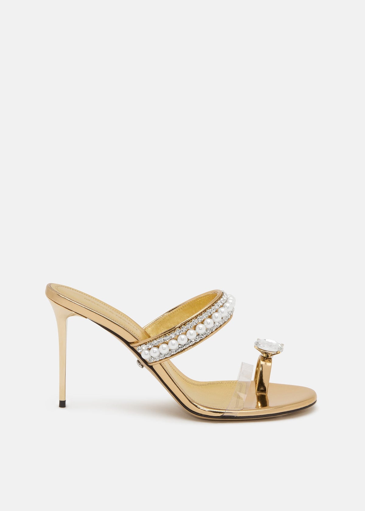 Clarisse Gold Crystal Mules – front three-quarter view showing crystal, silver, gold, Vowalisse