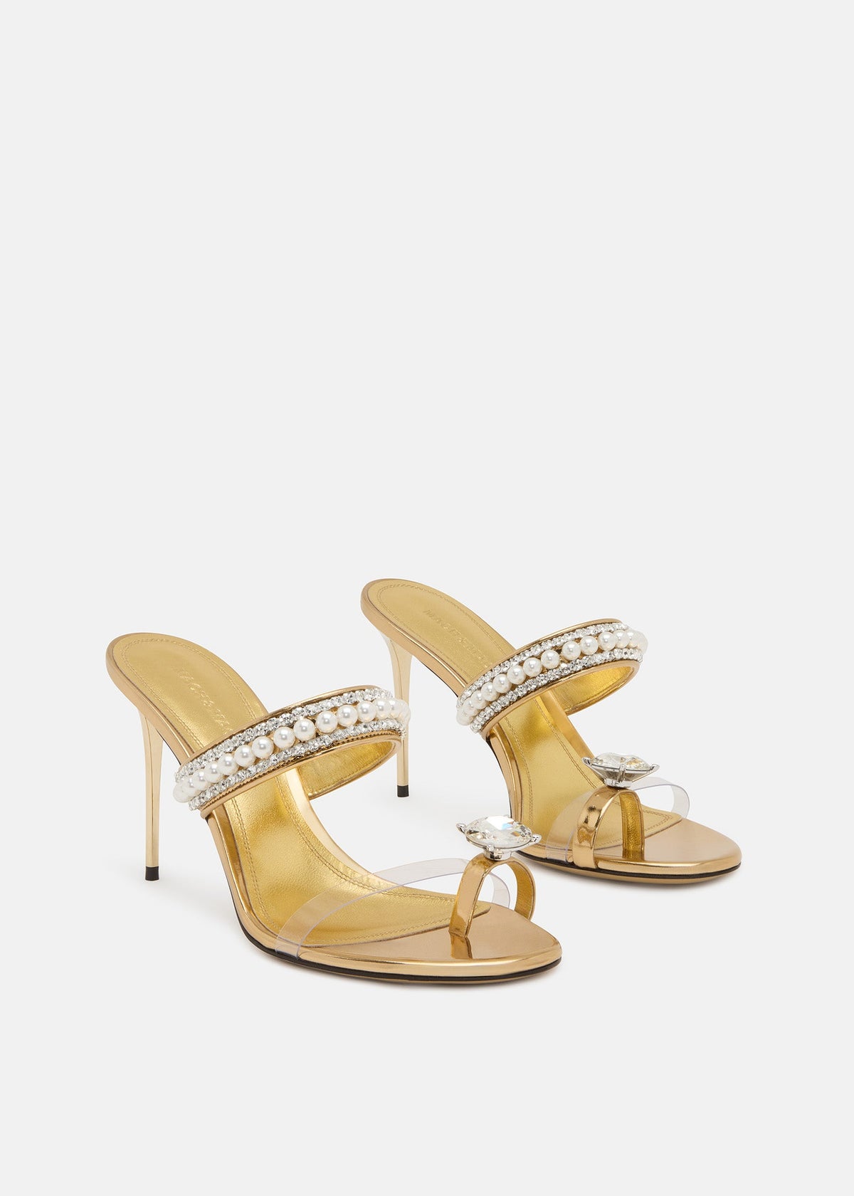 Clarisse Gold Crystal Mules – side profile showing crystal, silver, gold, Vowalisse