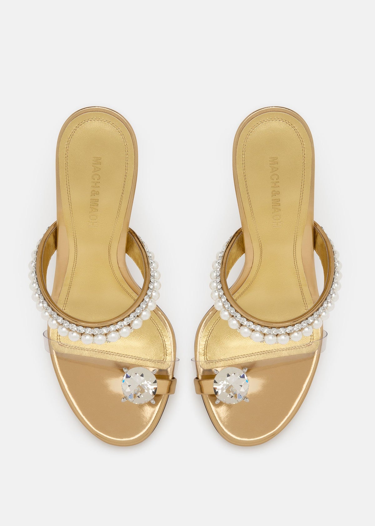 Clarisse Gold Crystal Mules – crystal detail view showing crystal, silver, gold, Vowalisse