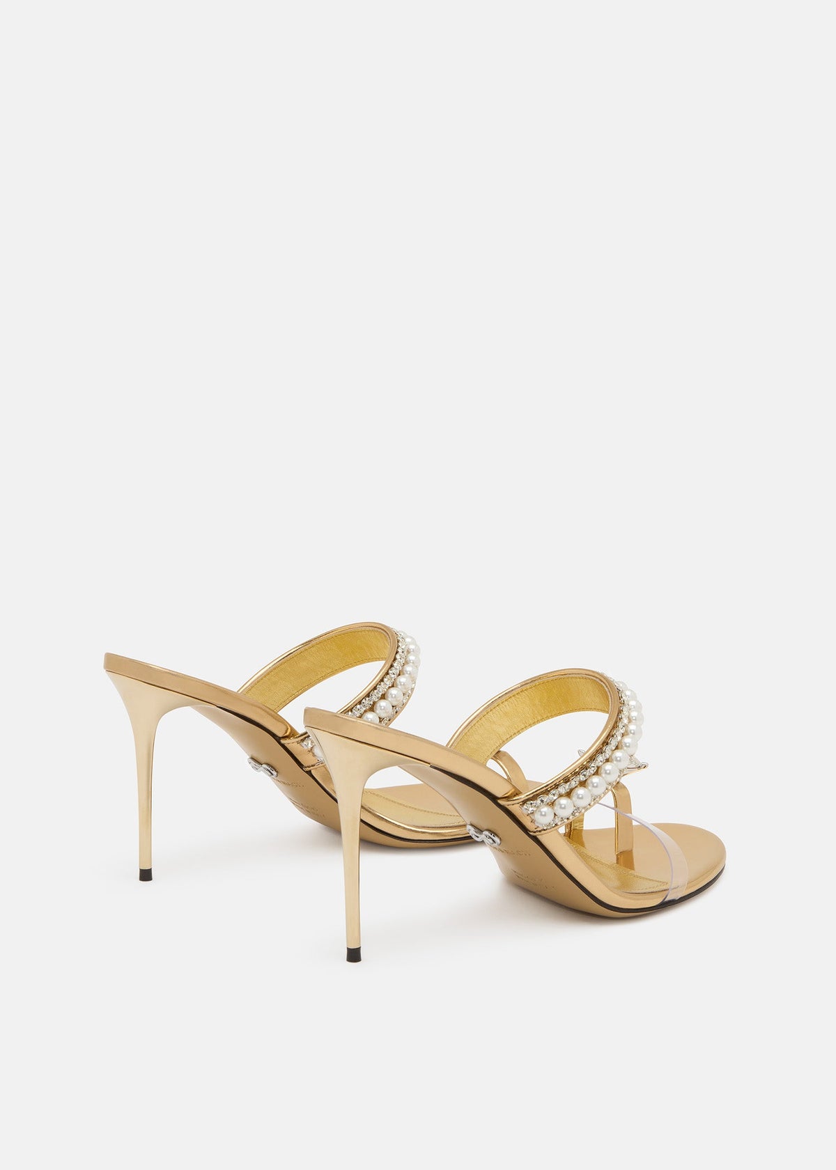 Clarisse Gold Crystal Mules – heel view showing crystal, silver, gold, Vowalisse